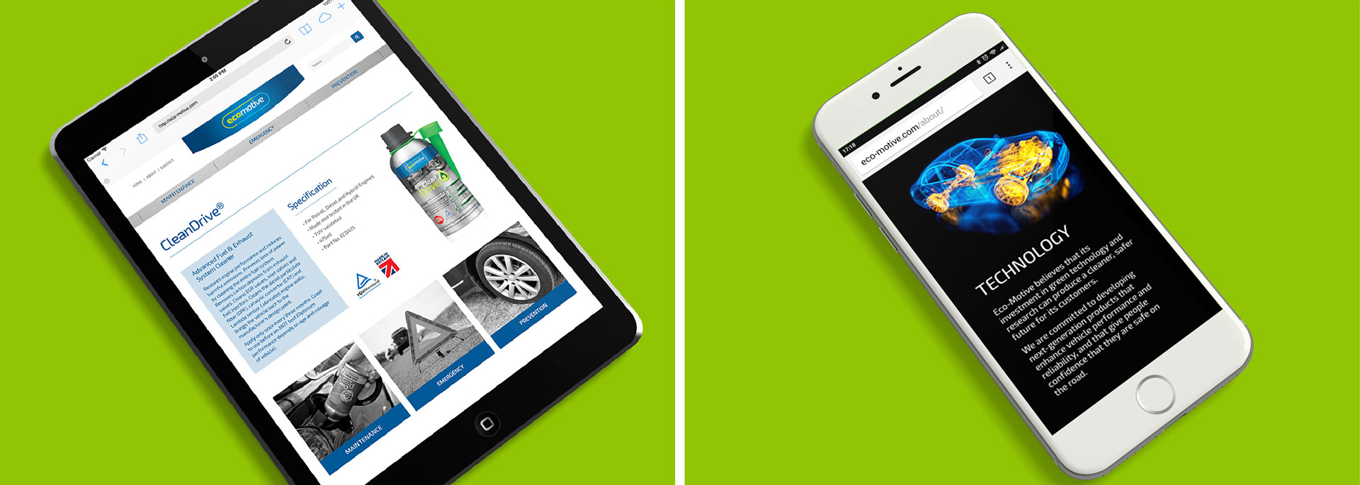 Images of eco-motive website design. Images show responsive design on iPad and iPhone
