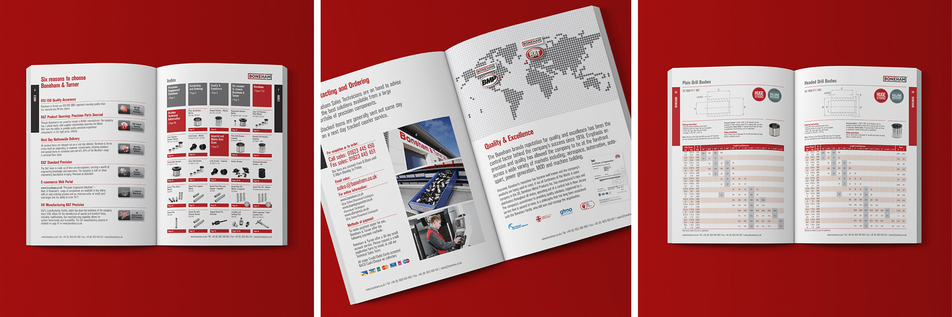 Inside page examples of Boneham product catalogue design