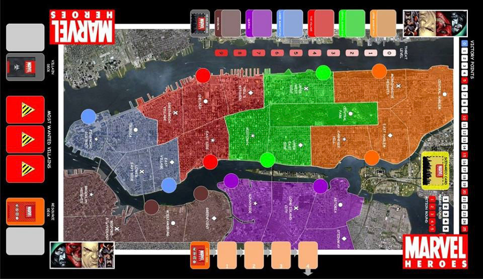 My game board for "Marvel Heroes" (Fantasy Flight)  I stitched together blowups from Google Maps for the background.