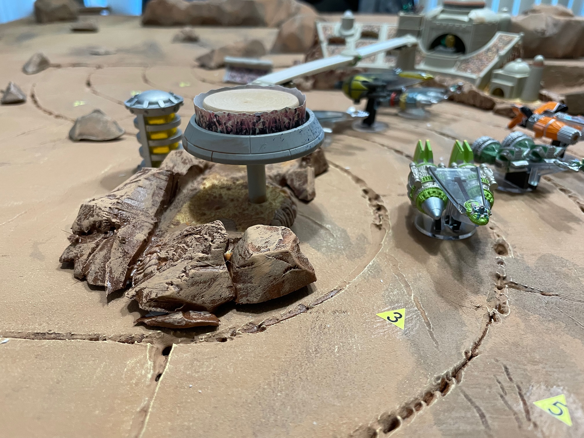 Modded micromachines playset and speeders plus custom terrain elements for my Podracer retheme of "Chariot Race" (Eagle-Gryphon Games)