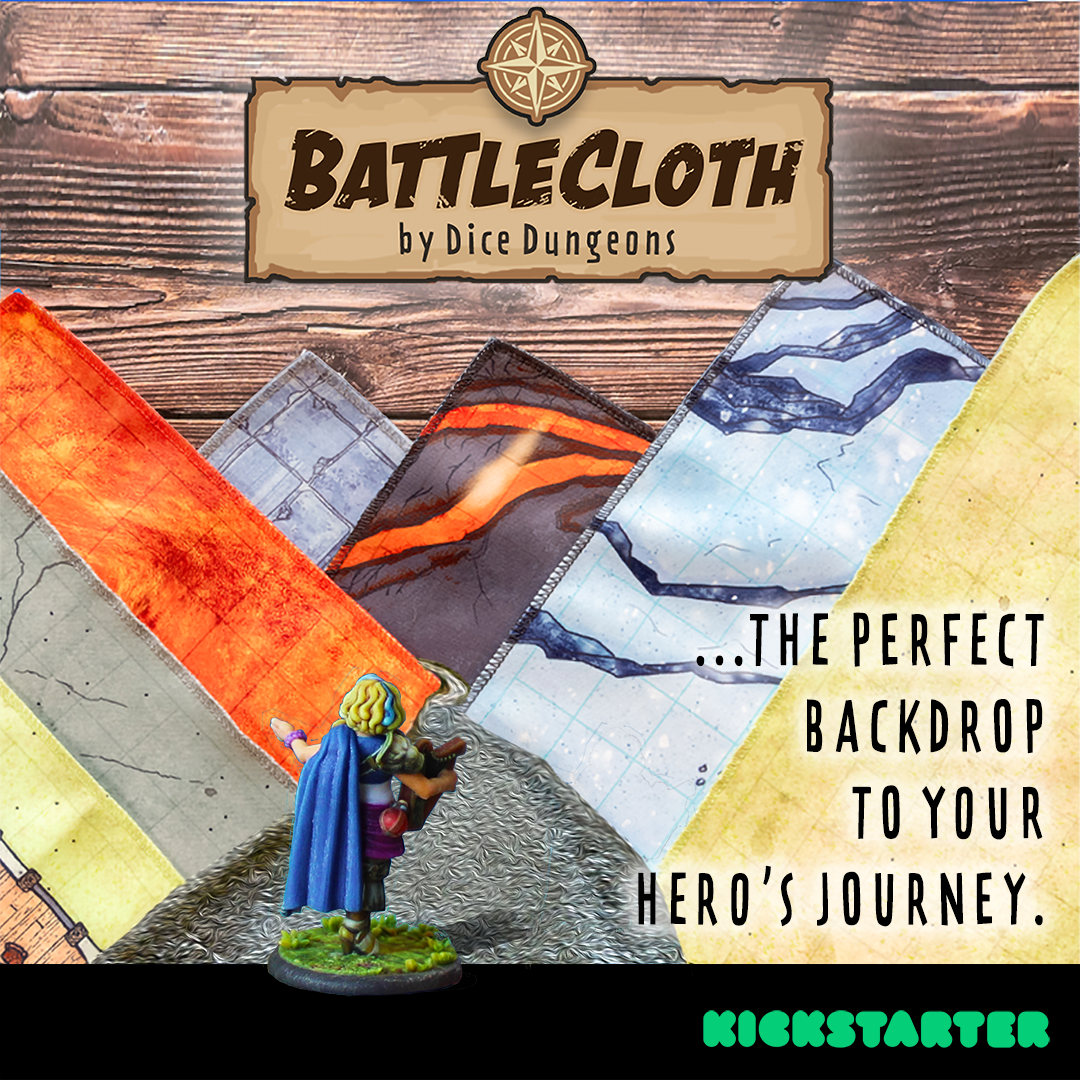 Layout combining miniature and game mats to evoke the thematic enhancement from the product line.