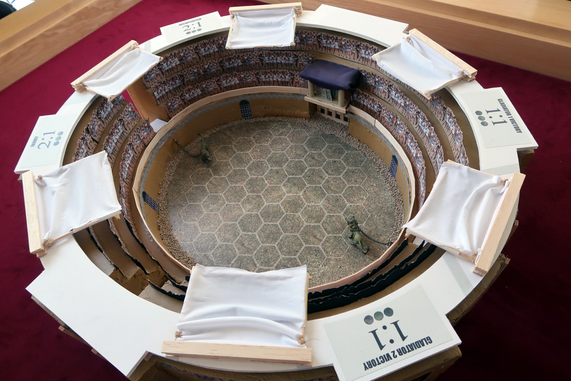 Overhead of my arena with retractable shades.  "Spartacus: The Board Game" (Galeforce 9)