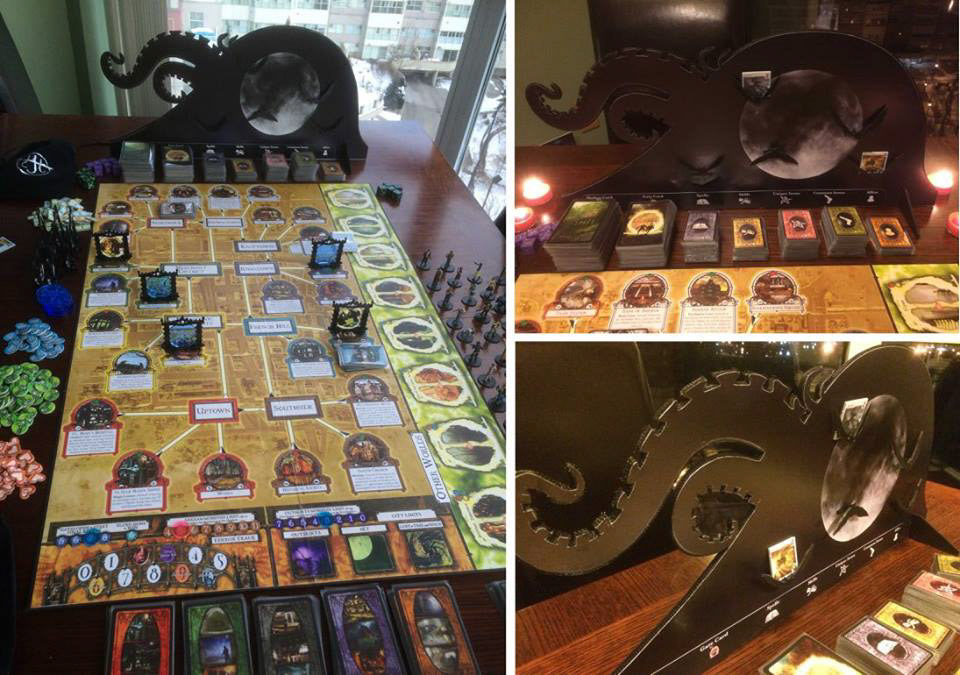 Custom Cthulhu backdrop for "Arkham Horror" (Fantasy Flight Games). The bat shelves are for the flying creature tokens.