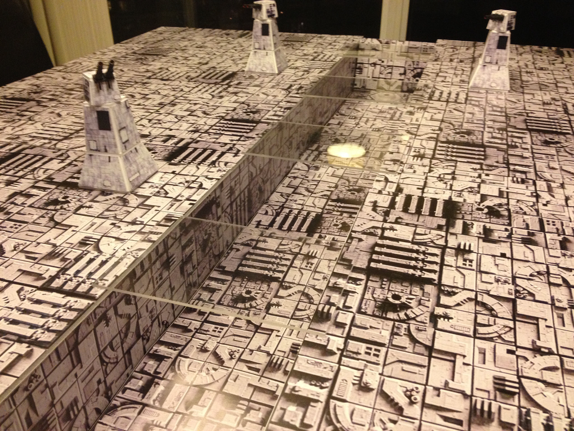 Custom made Death Star surface and laser cannon towers for "X-Wing" (Fantasy Flight)