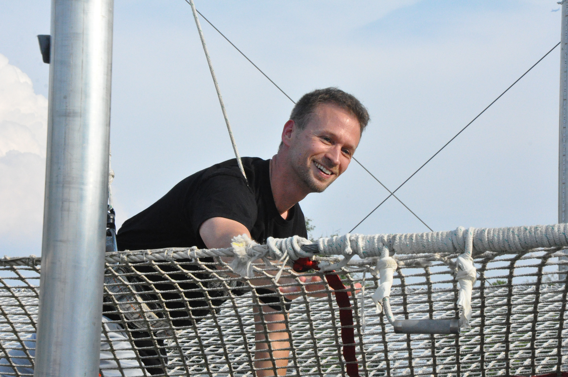 Joe tries trapeze for the first time