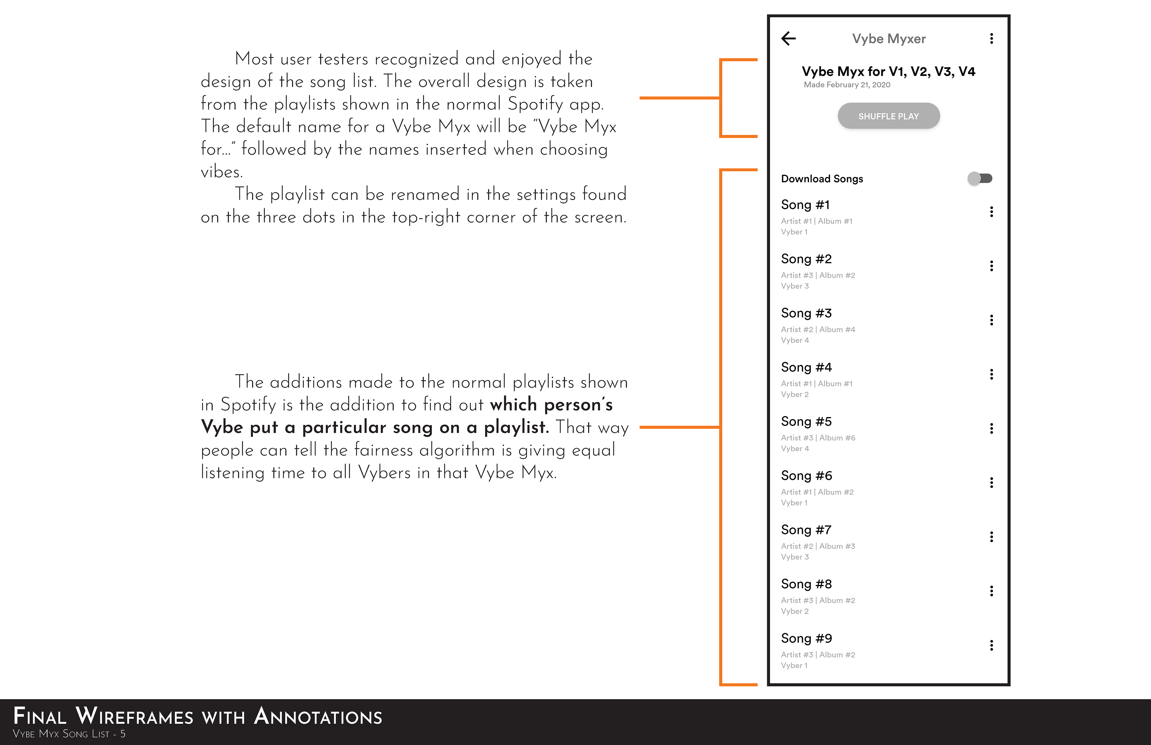 Final Wireframe: Vybe Playlist w/ Explanation