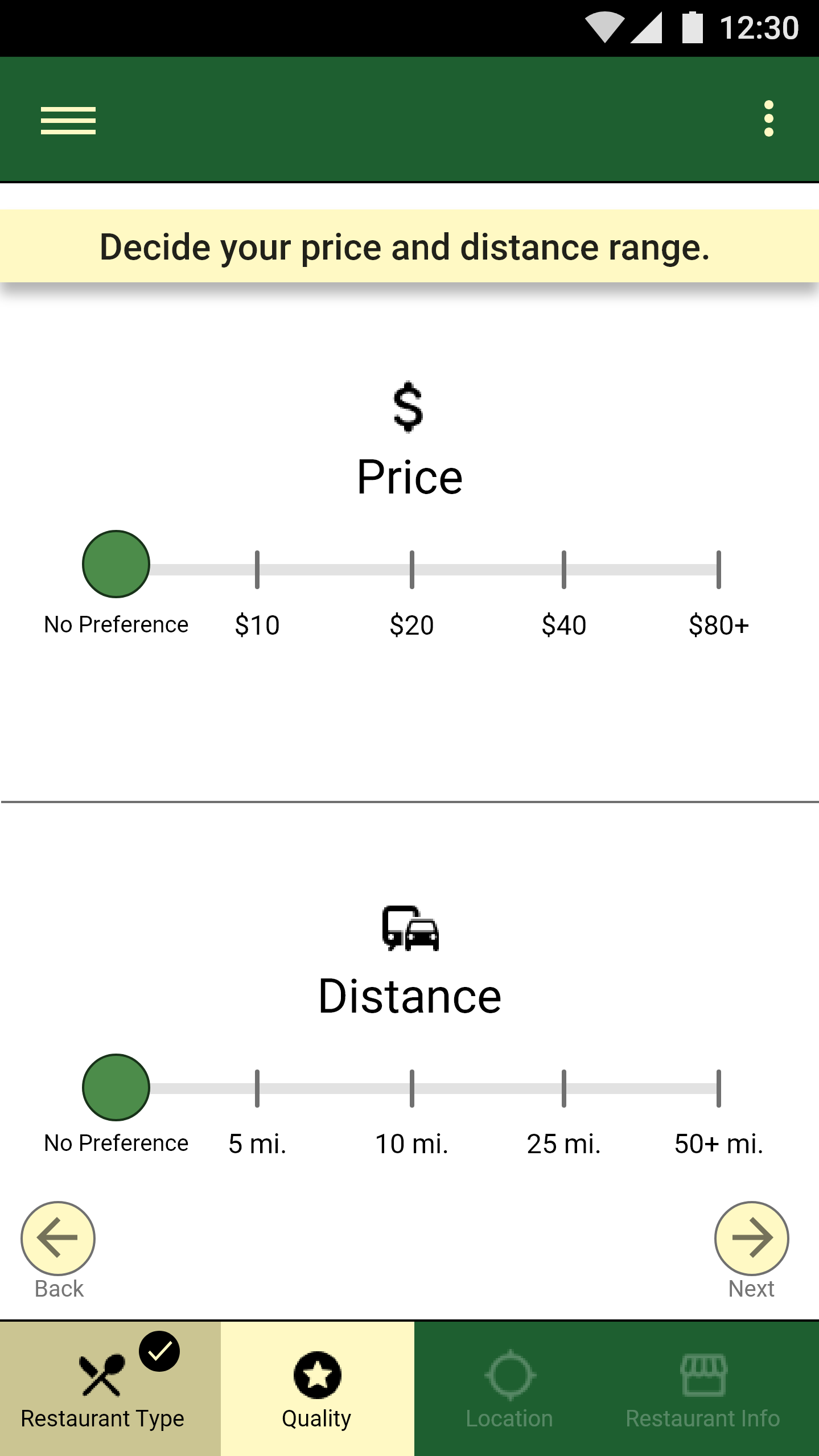 1st Iteration Final Say Distance/Price Screen