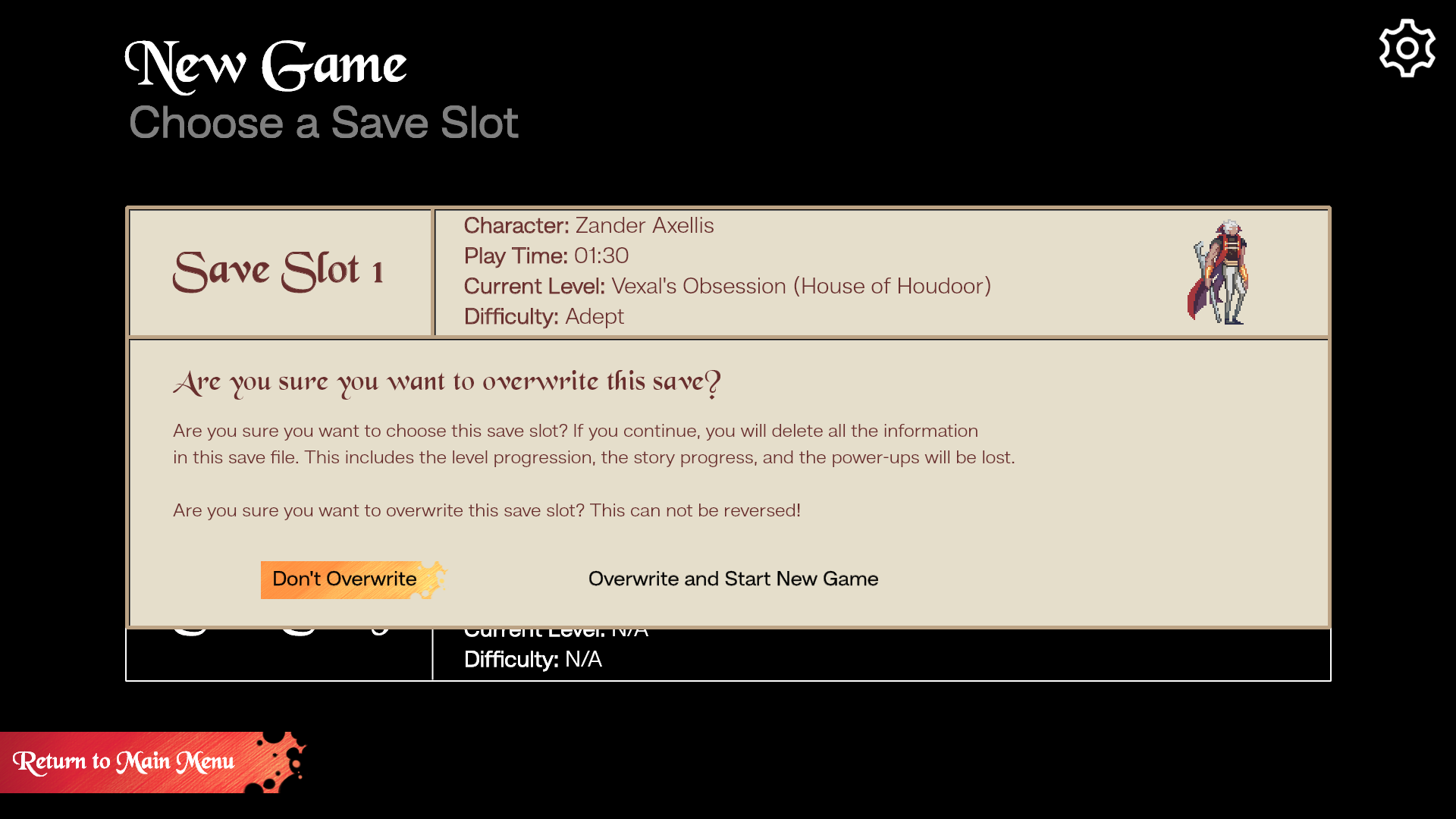 Mid-Fidelity - New Game: Overwrite Confirmation