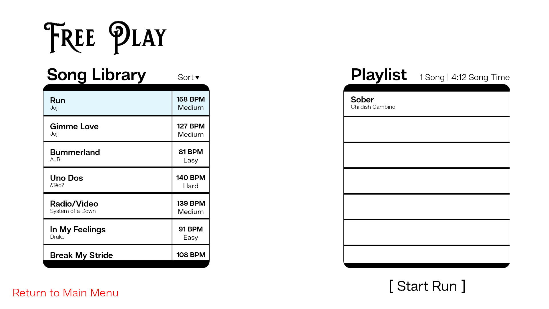 Wireframe - Free Play Song --> Playlist