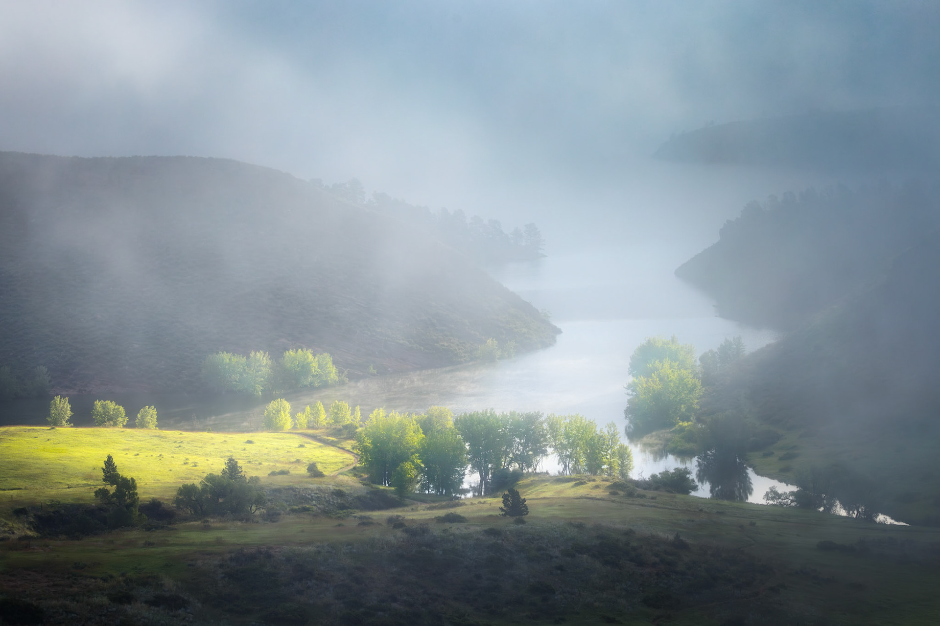 "Foggy Morning over Dixon Cove" (Horsetooth Reservoir, Larimer County, CO)