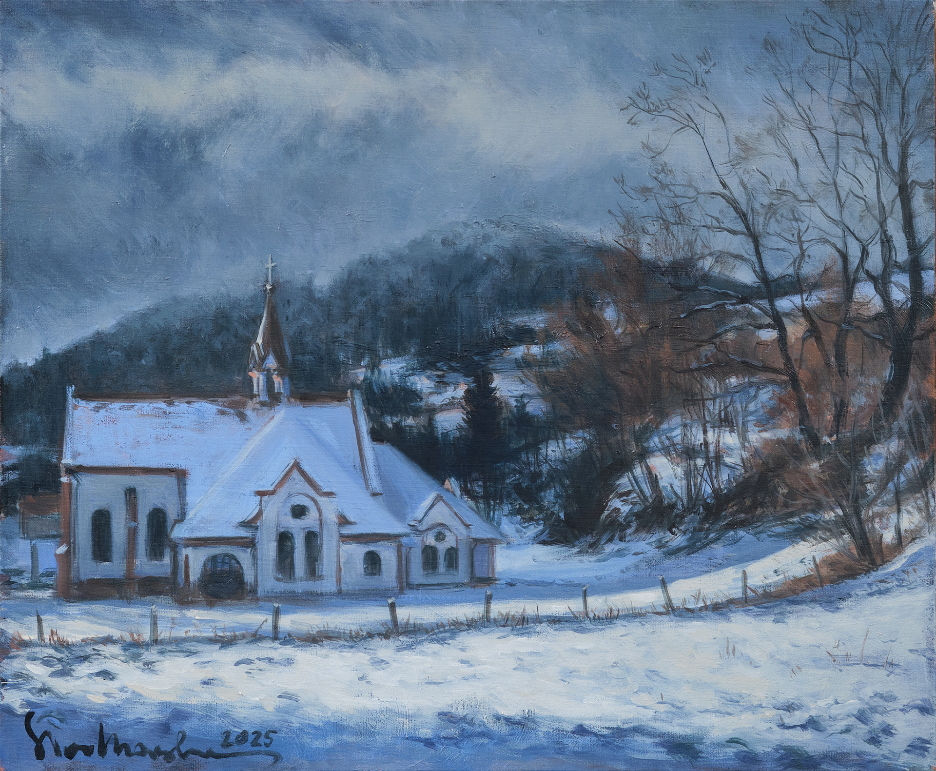 Kościół w Łomnicy. Beskid Sądecki - obraz olejny na płótnie 46 x 38 cm