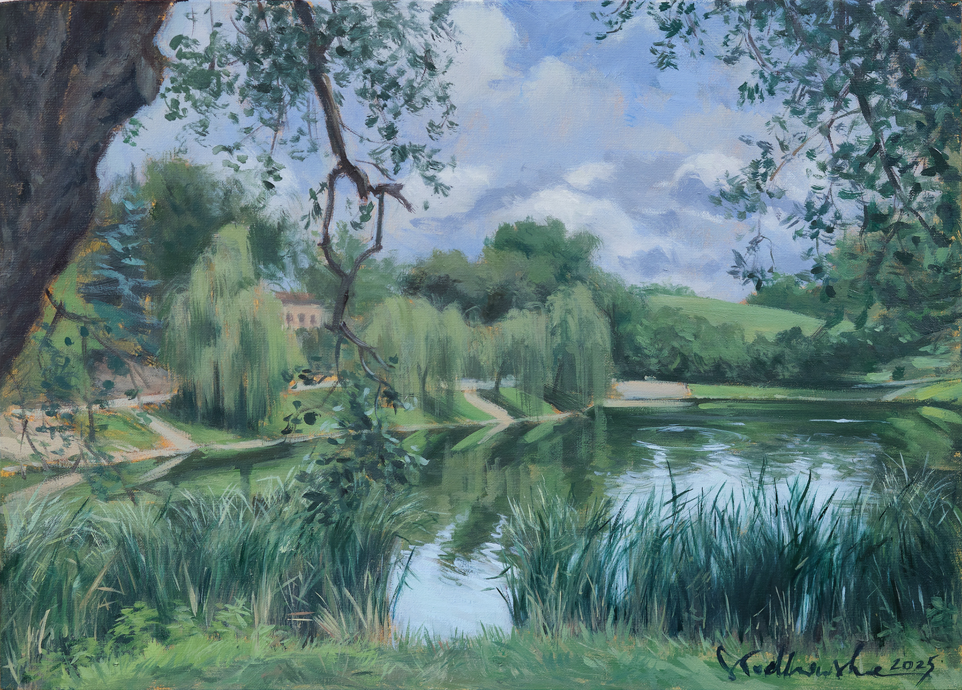 Park Moczydło w letniej odsłonie 2 - obraz olejny na płótnie 46 x 33 cm 