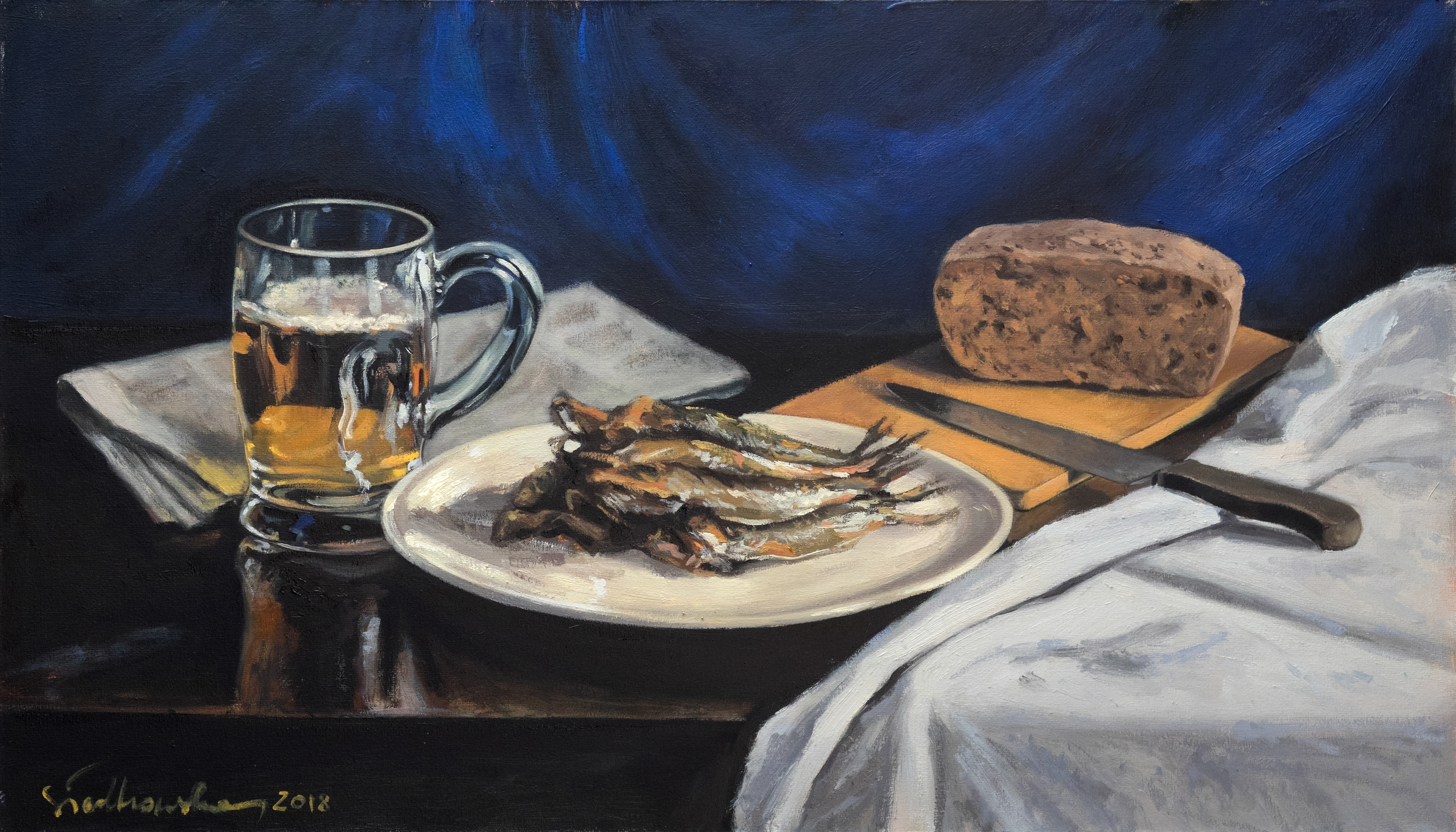 Martwa natura ze szprotami - obraz olejny na płótnie 70 x 40 cm