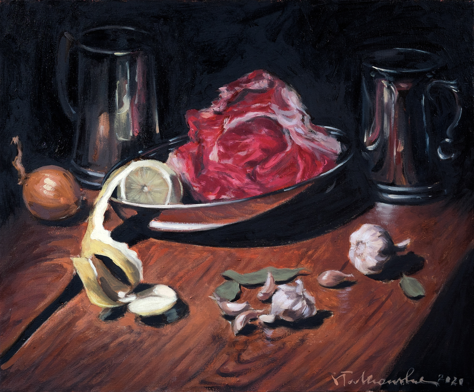 Martwa natura z mięsem 3 – obraz olejny na płótnie 40 x 38 cm