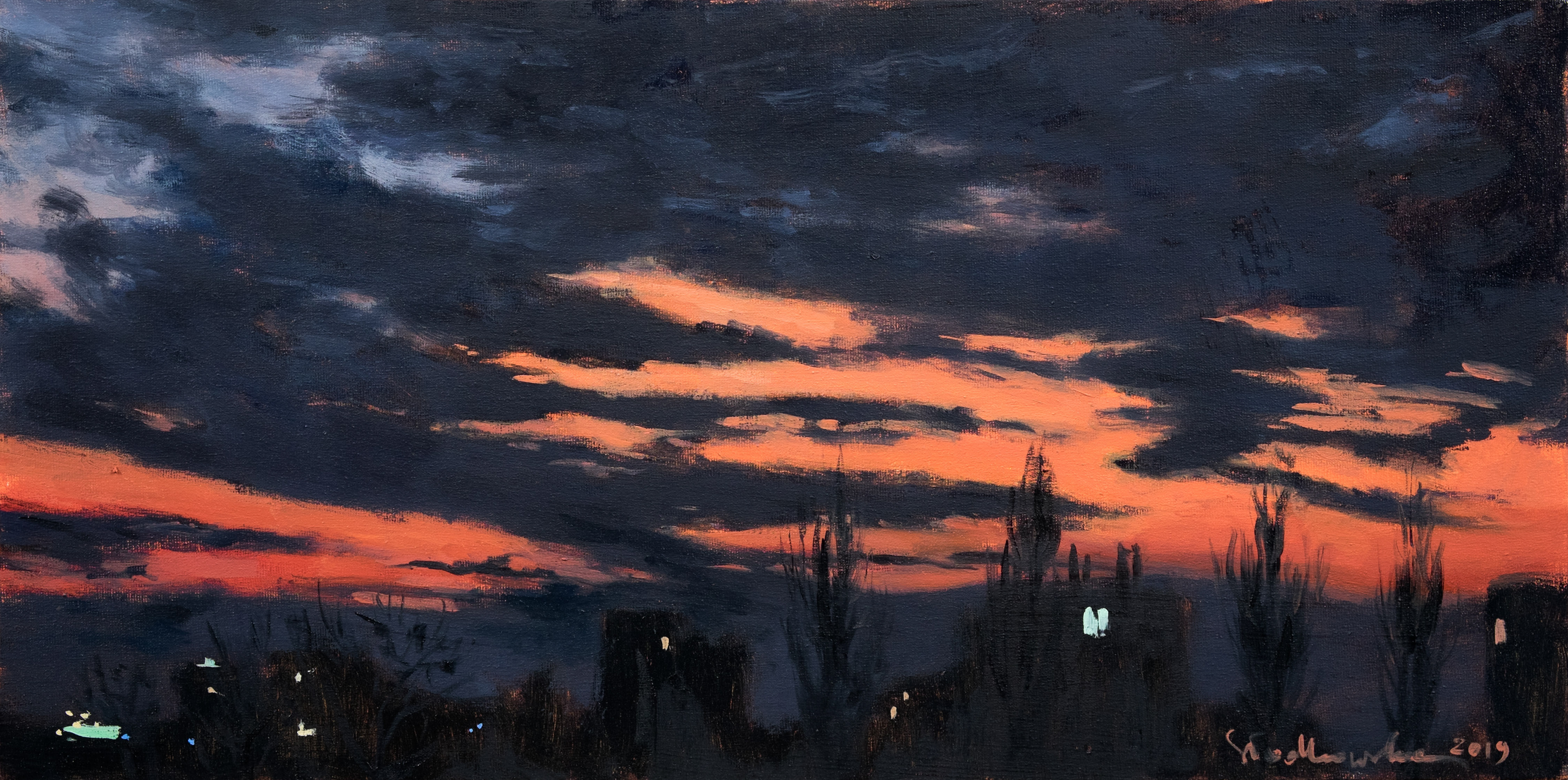 Zasypiające miasto. Widok z okna. - obraz olejny na płótnie 60 x 30 cm