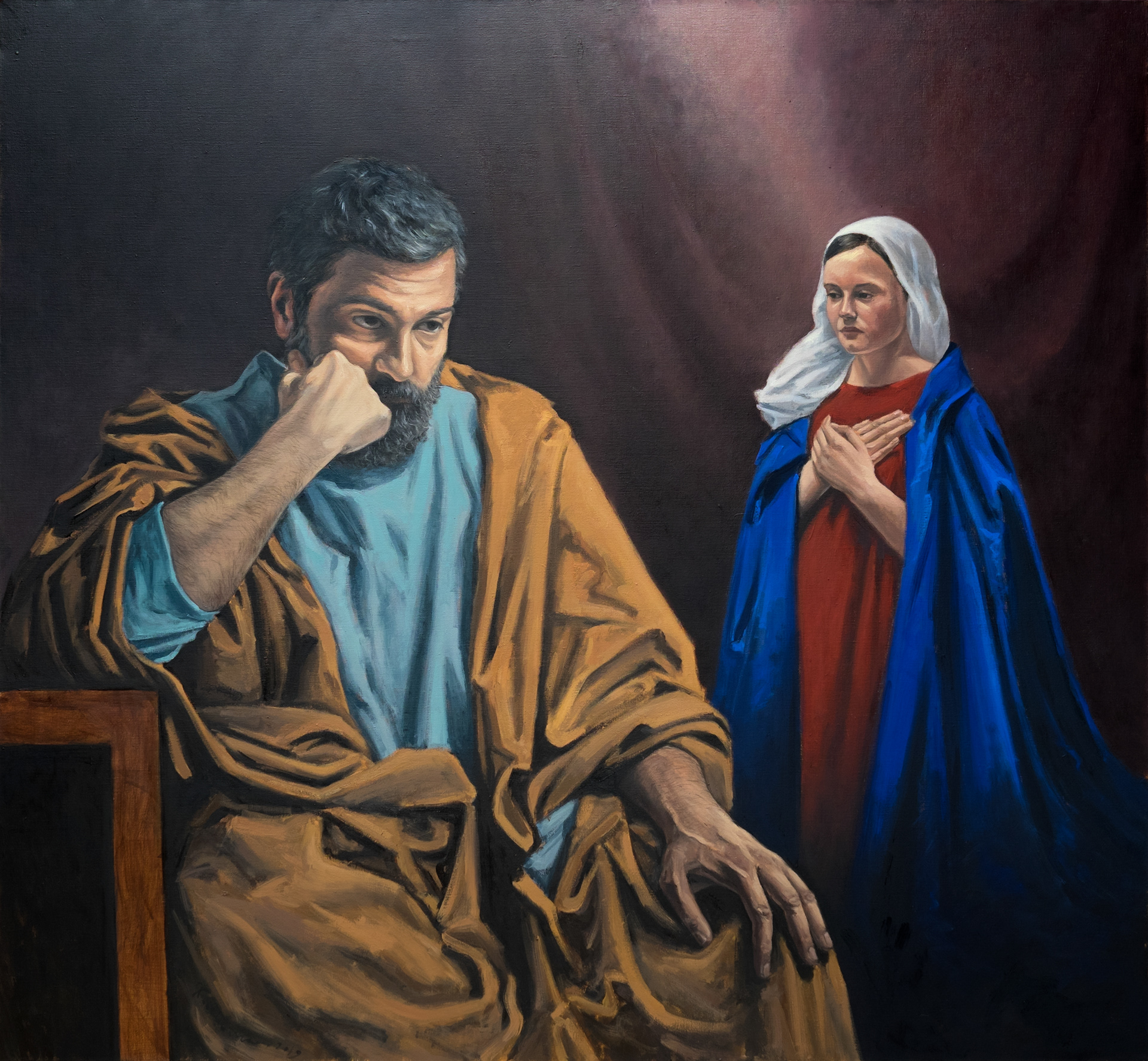 Smutek 1. Zdziwienie Józefa brzemiennym stanem Maryi. – obraz olejny na płótnie 130 x 120 cm  /PRIVATE COLLECTION/