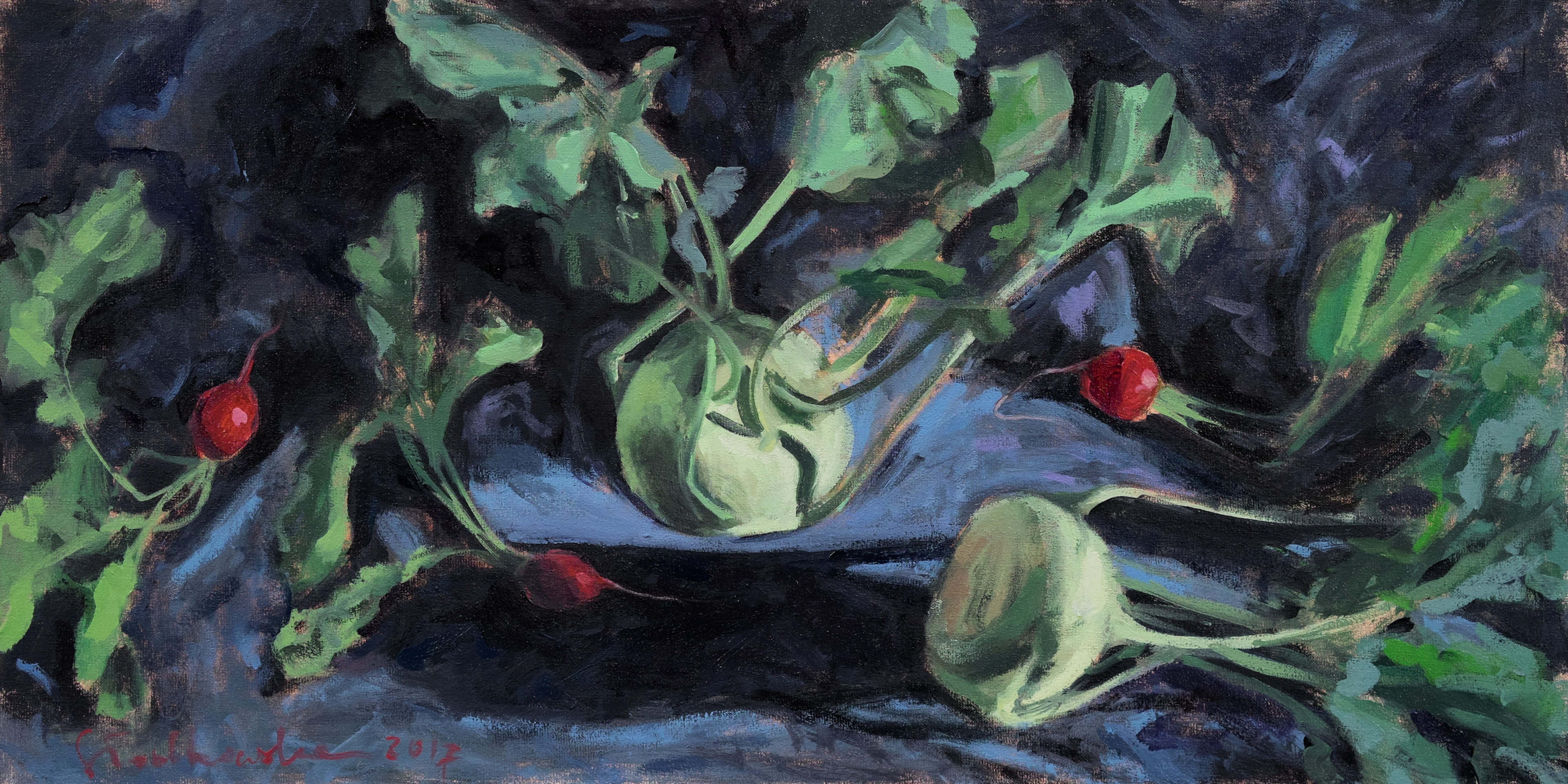 Taniec rzodkiewek z kalarepkami - obraz olejny na płótnie 60 x 30 cm   /PRIVATE COLLECTION/