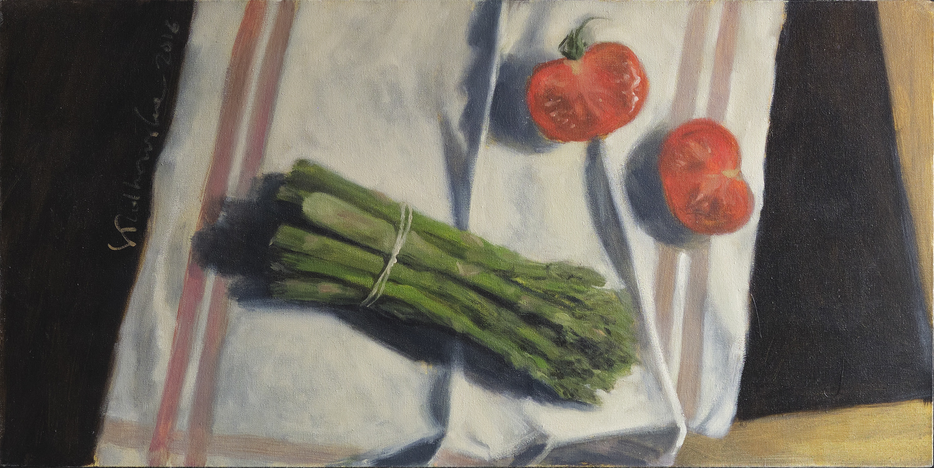 Still life with asparagus - obraz olejny na płótnie 60 x 30 cm