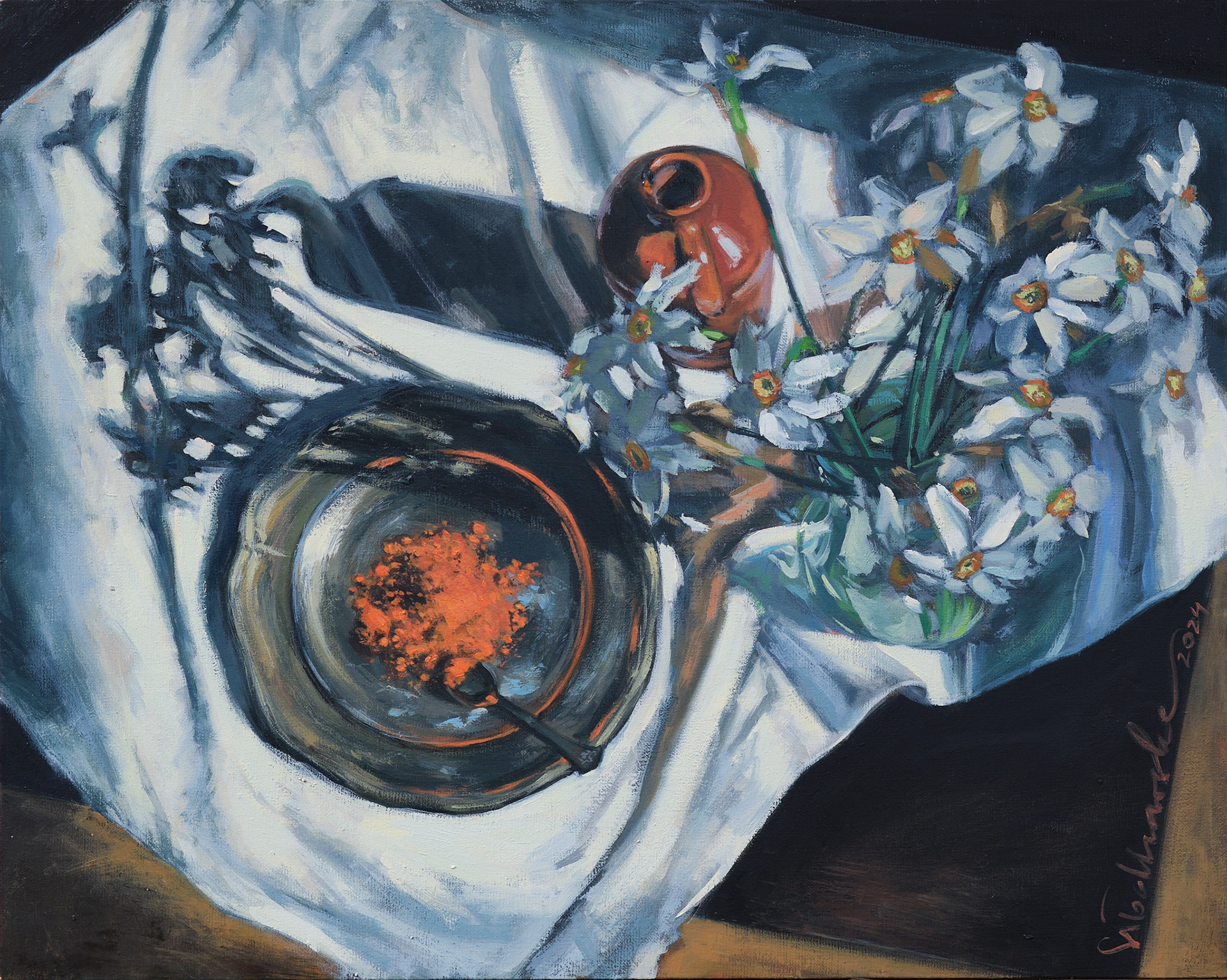 Narcyzy vs. ostra papryka - obraz olejny na płótnie 50 x 40 cm