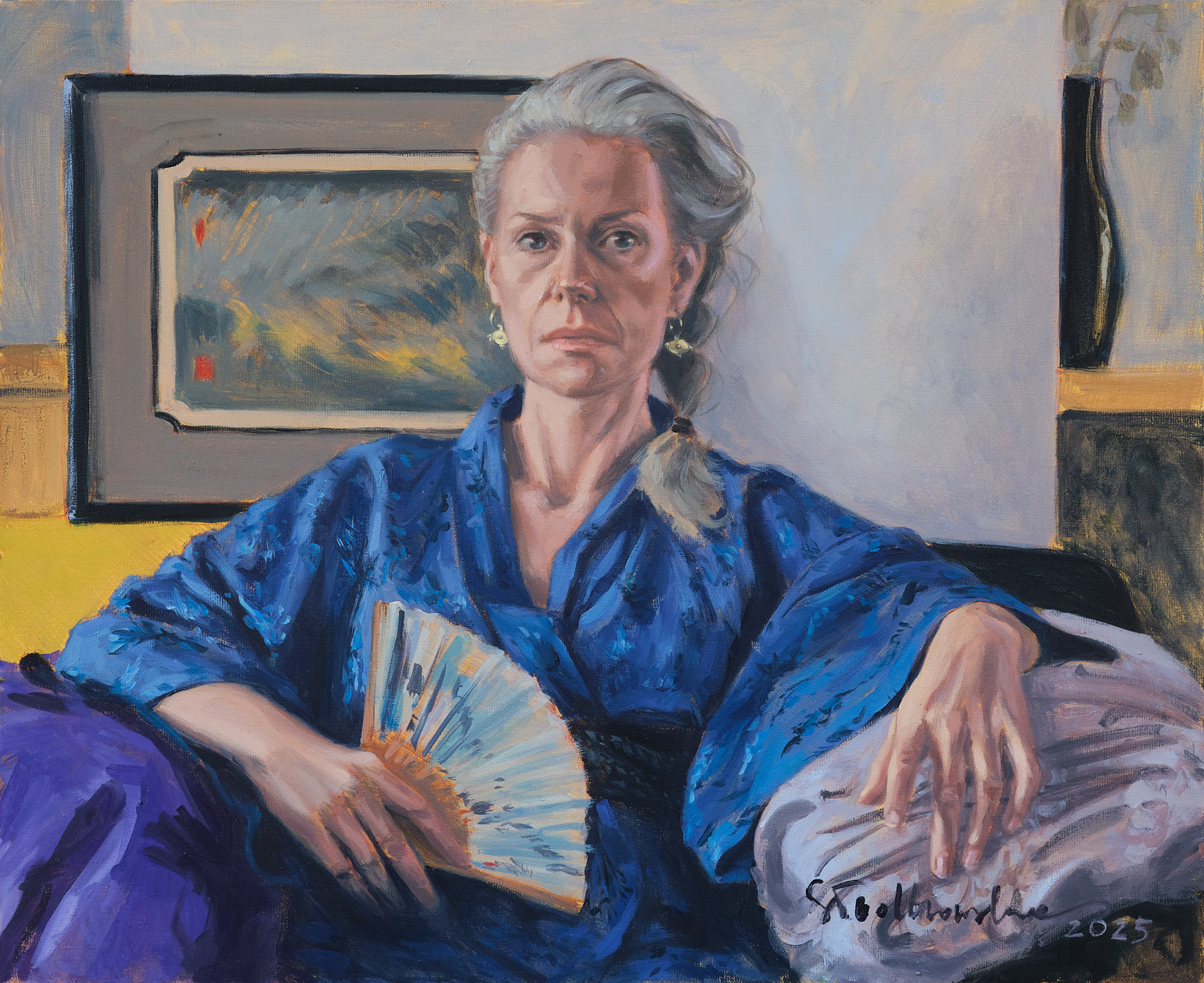 Autoportret w błękitnym kimonie - obraz olejny na płótnie 61 x 50 cm