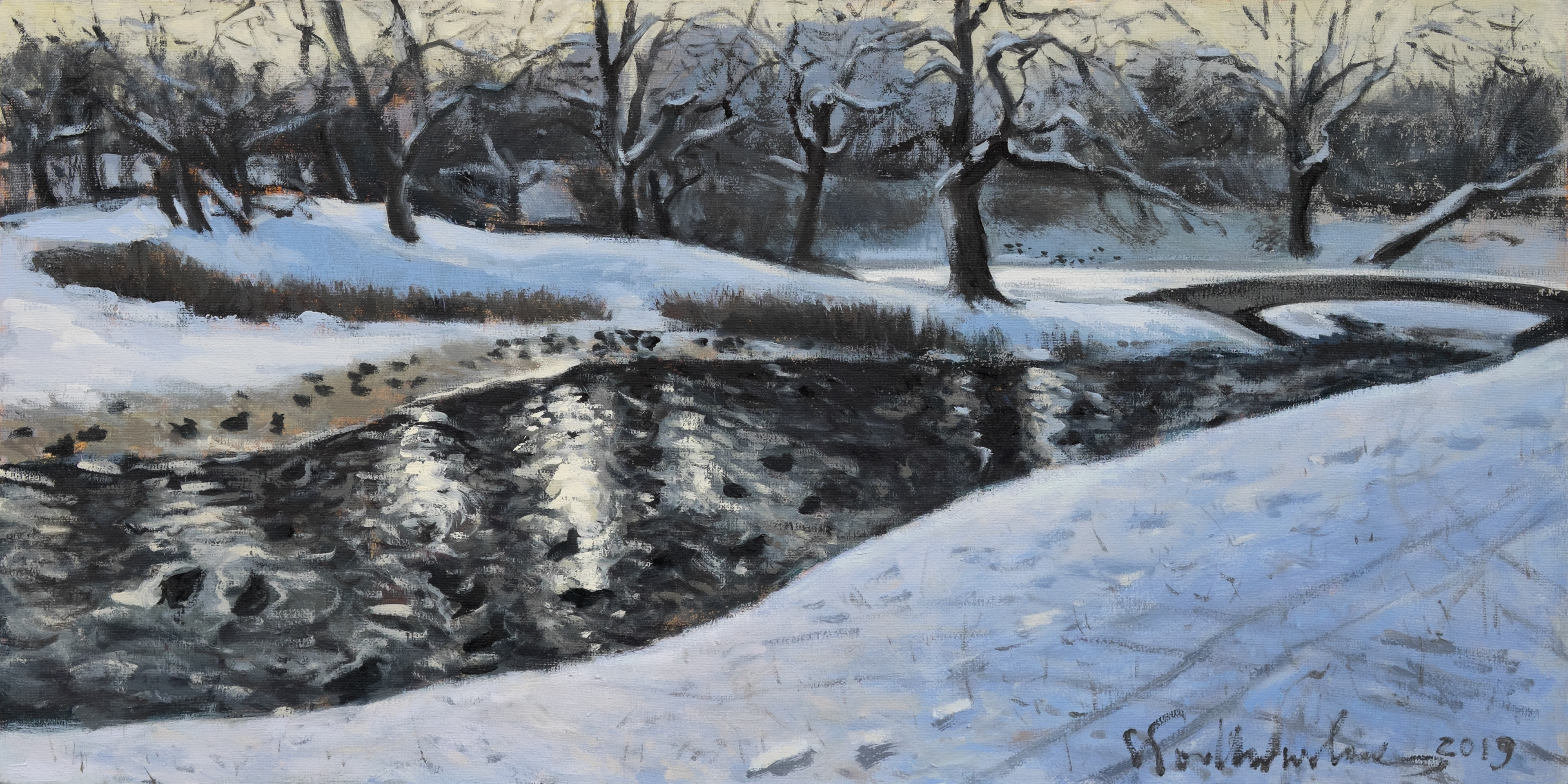 Zima w Parku Moczydło 3 - obraz olejny na płótnie 60 x 30 cm