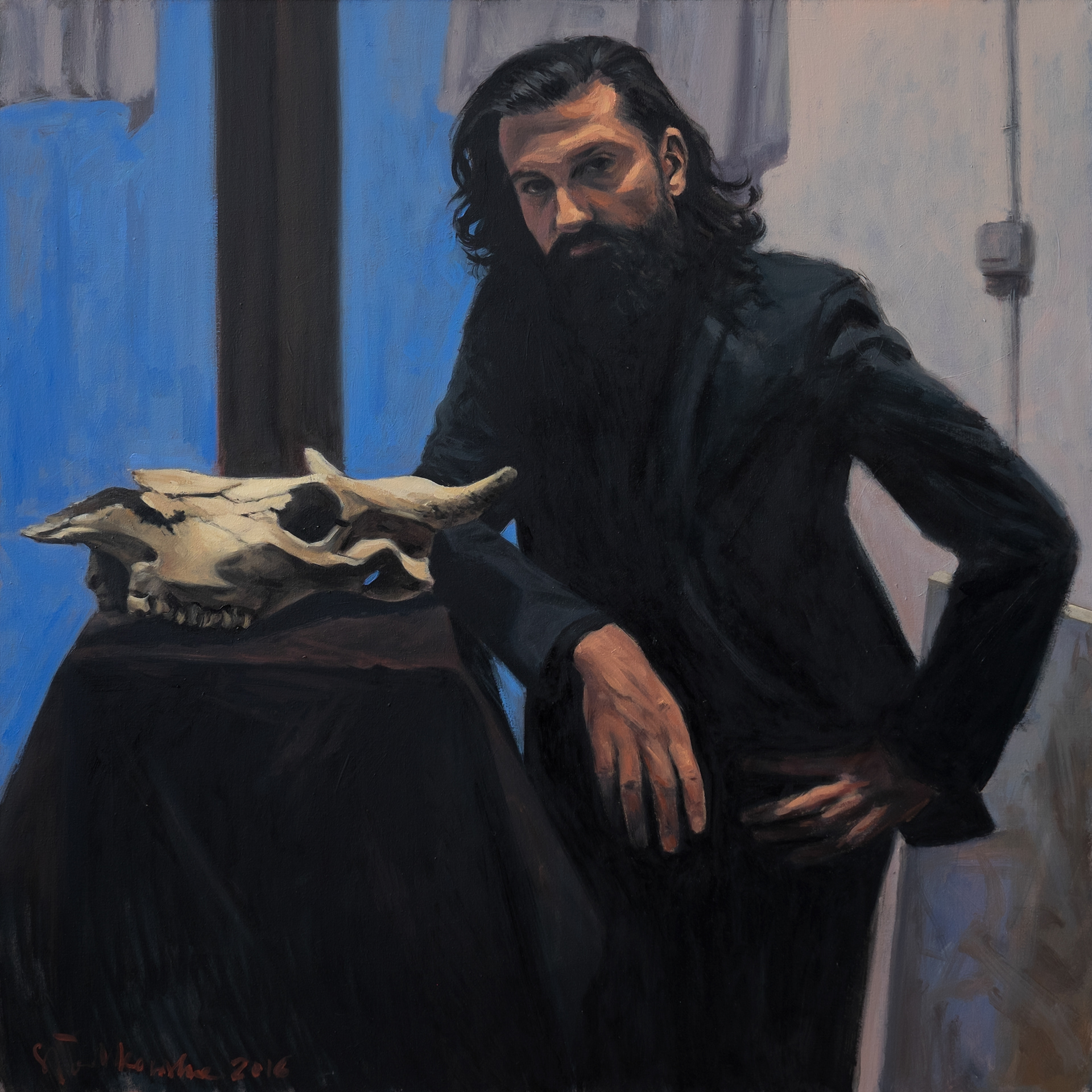 Pan H. i czacha – obraz olejny na płótnie 70 x 70 cm