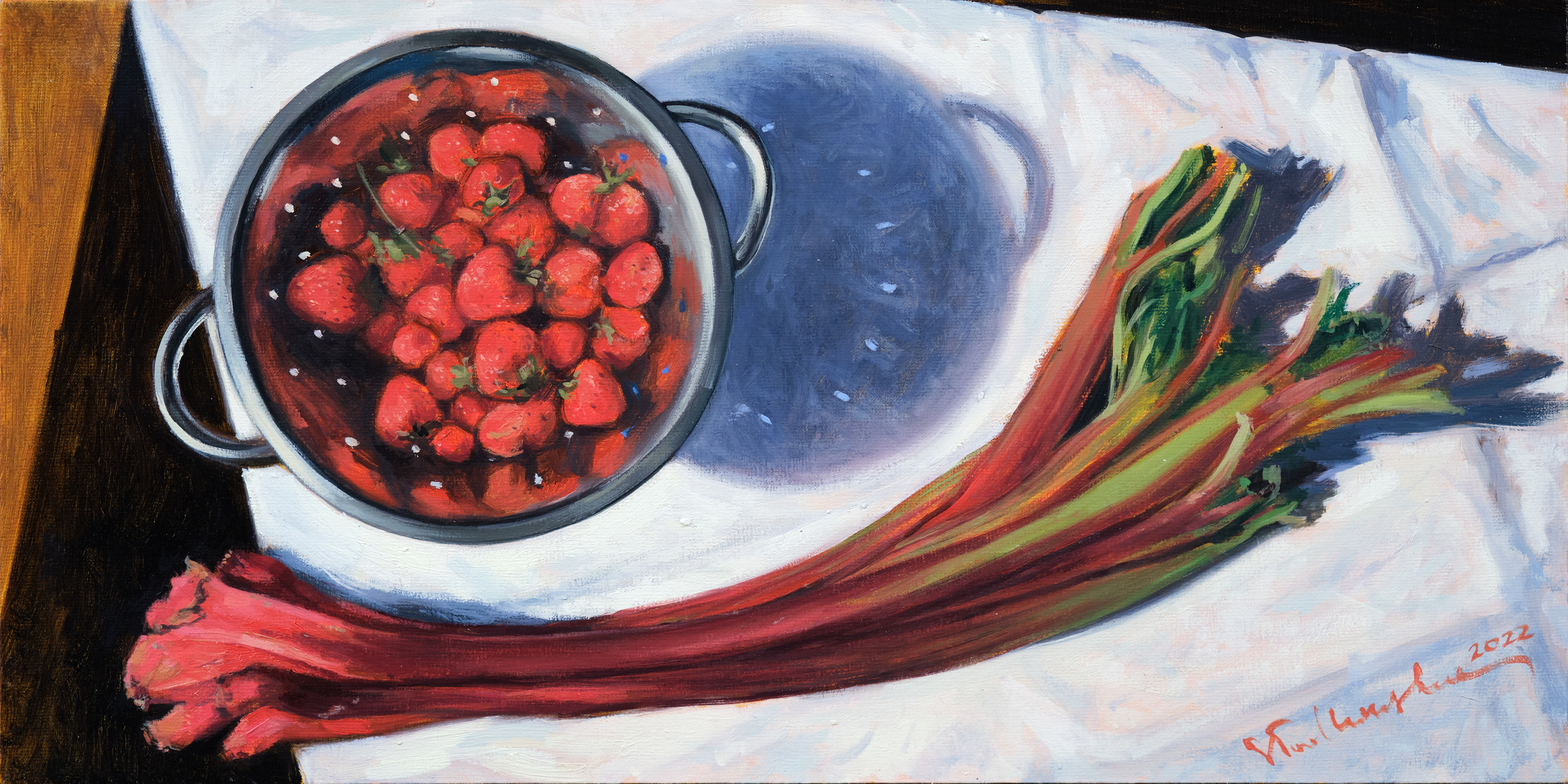 Martwa natura z truskawkami i rabarbarem – obraz olejny na płótnie 60 x 30 cm