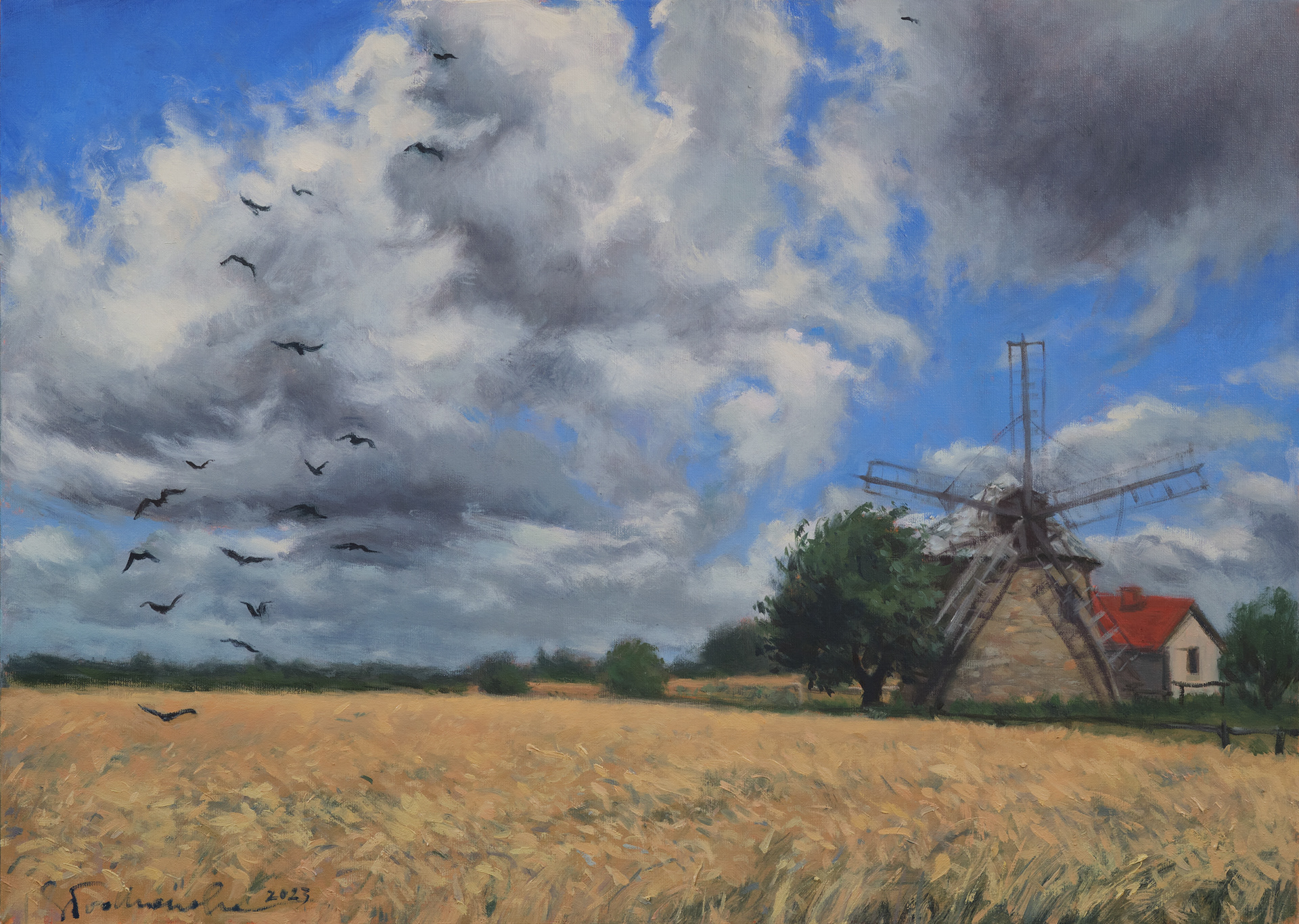 Pejzaż z chmurami i wiatrakiem. Okolice Szwarszowic, świętokrzyskie. – obraz olejny na płótnie 70 x 50 cm