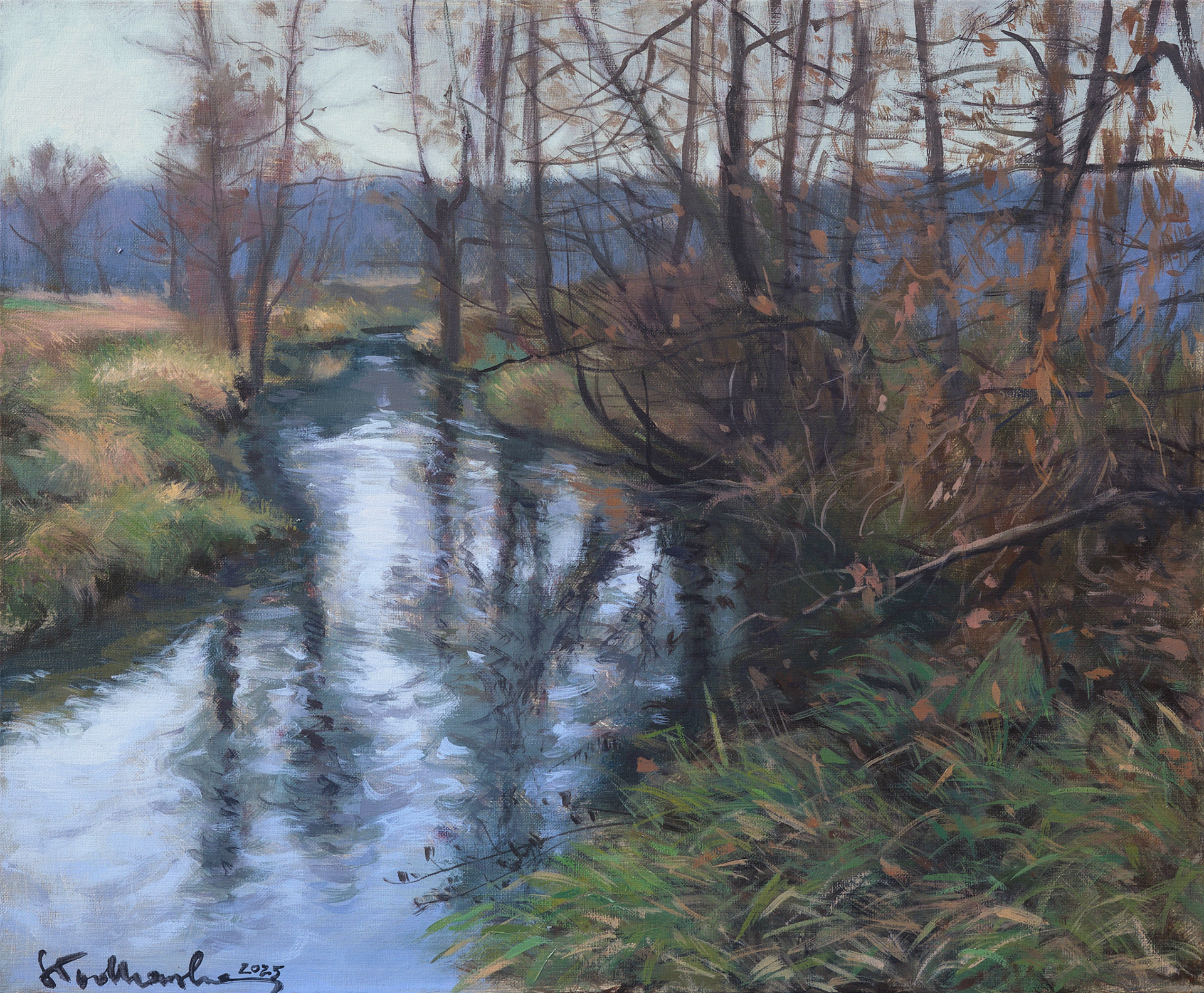 Rzeczka Jeziorka. Okolice Prażmowa - obraz olejny na płótnie 46 x 38 cm