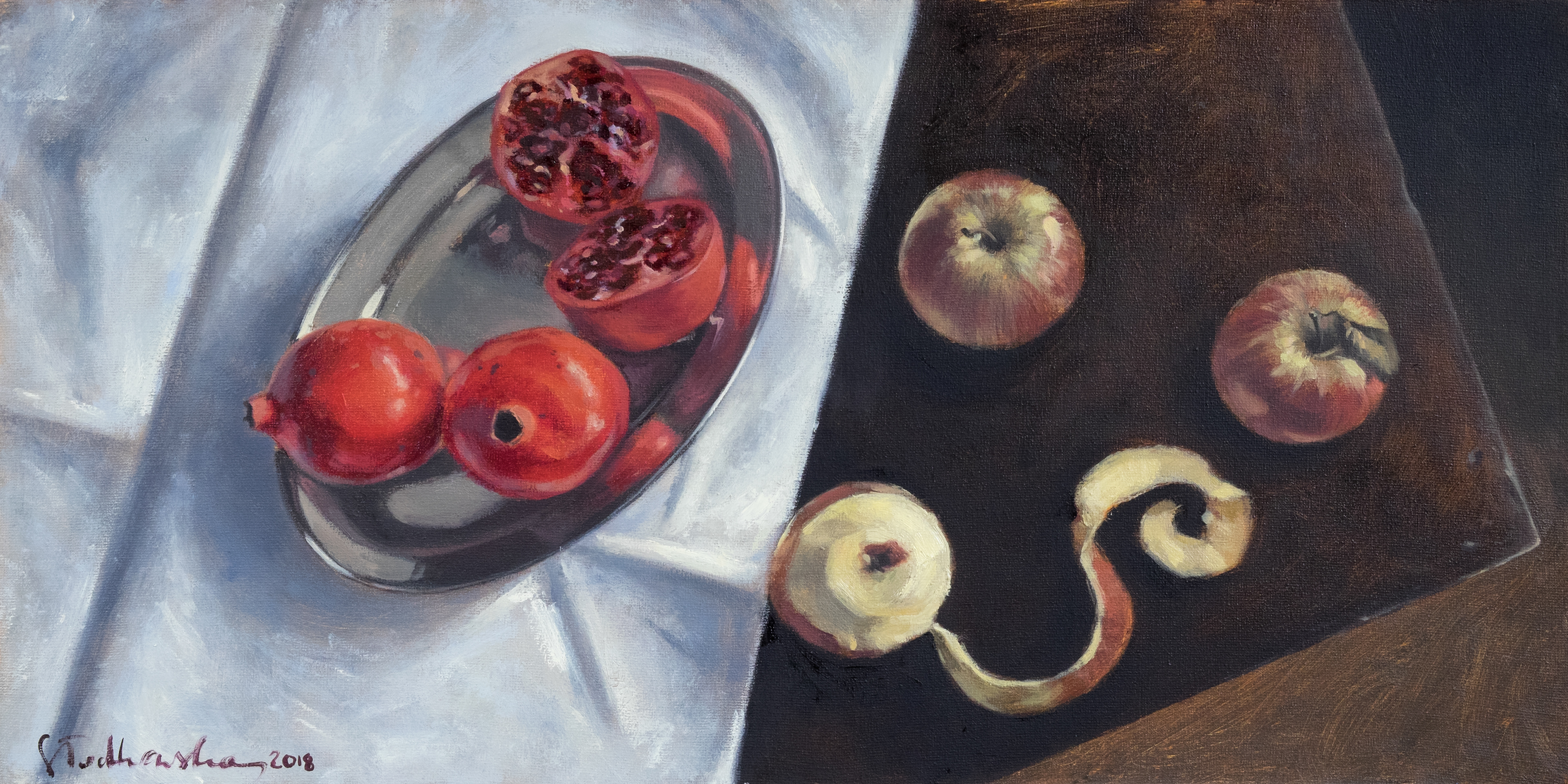 Martwa natura z granatami - obraz olejny na płótnie 60 x 30 cm