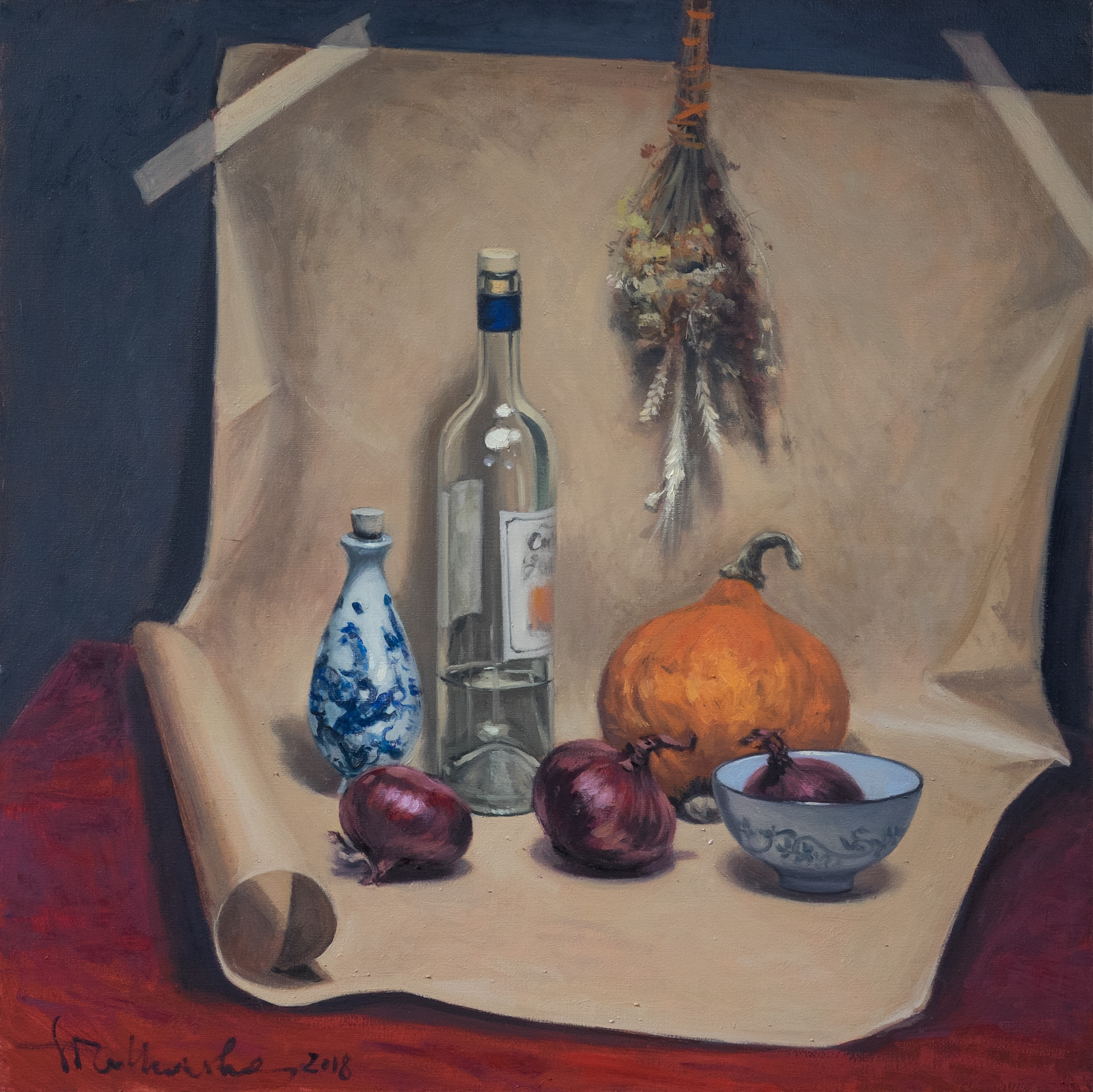 Trzy cebule w towarzystwie - obraz olejny na płótnie 60 x 60 cm