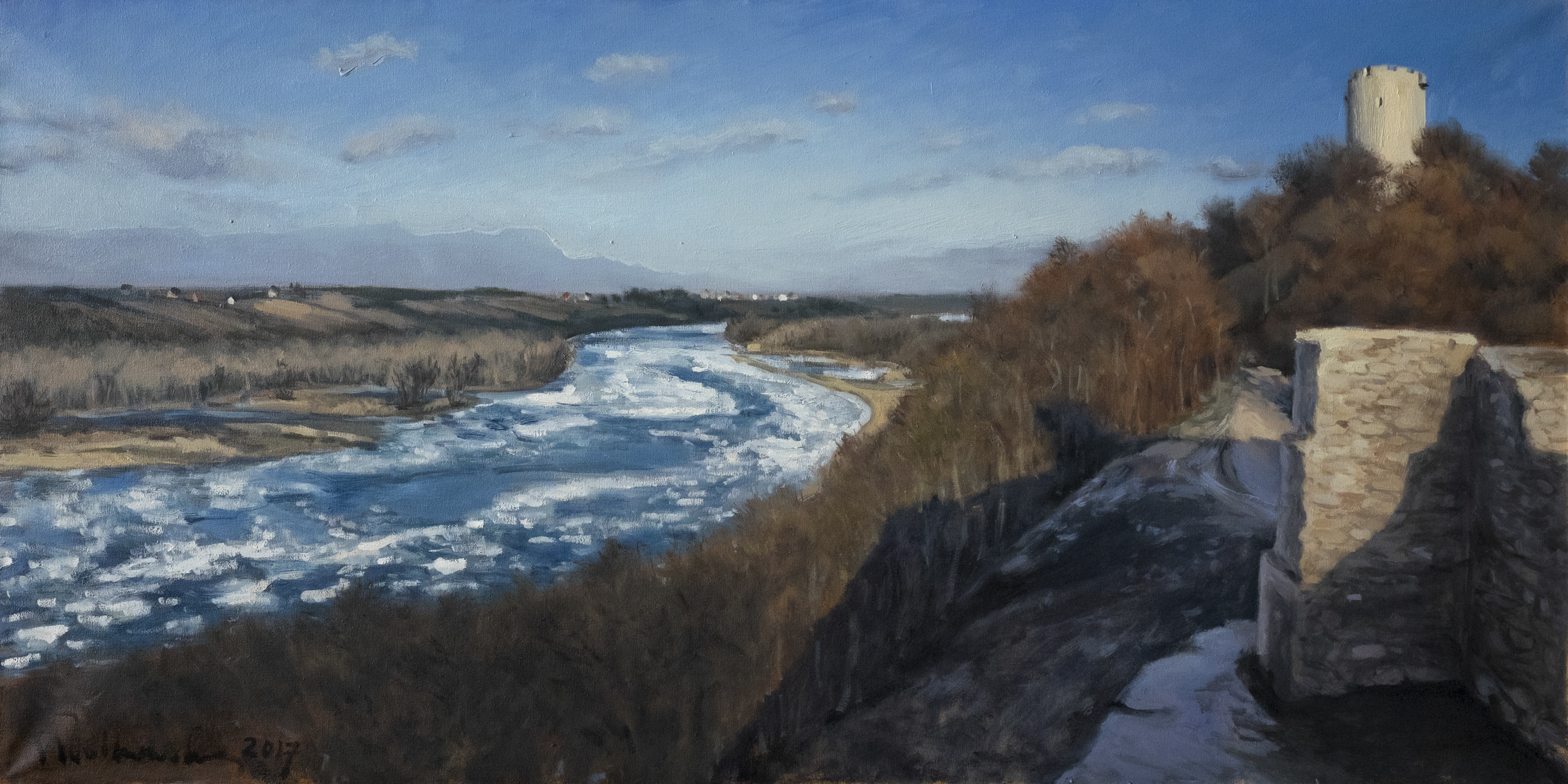 Kra na Wiśle, Kazimierz Dolny - obraz olejny na płótnie 100 x 50 cm