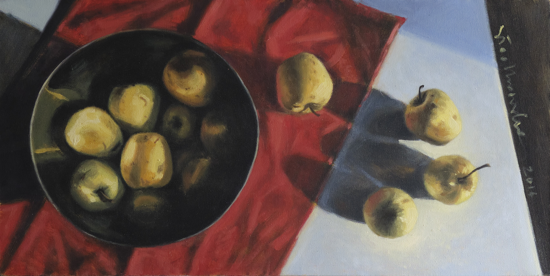 Still life with apples - obraz olejny na płótnie 60 x 30 cm