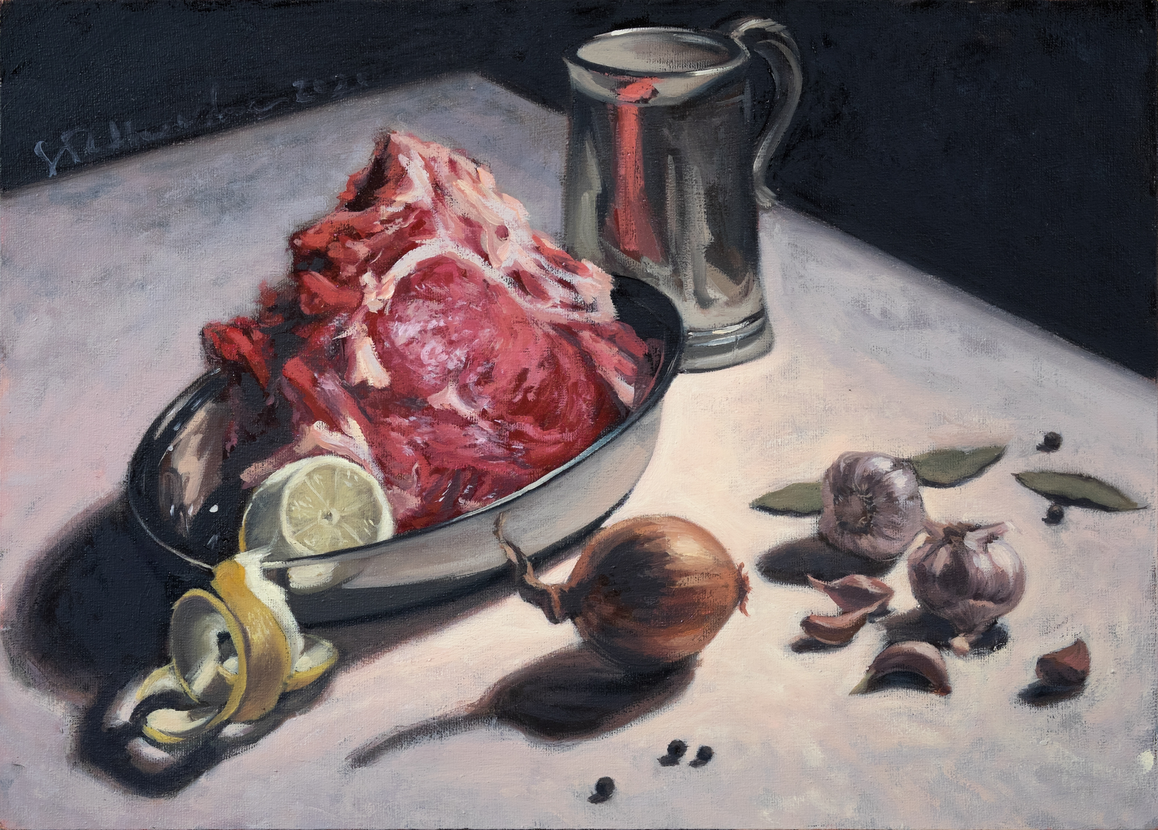 Martwa natura z mięsem 2 – obraz olejny na płótnie 46 x 33 cm