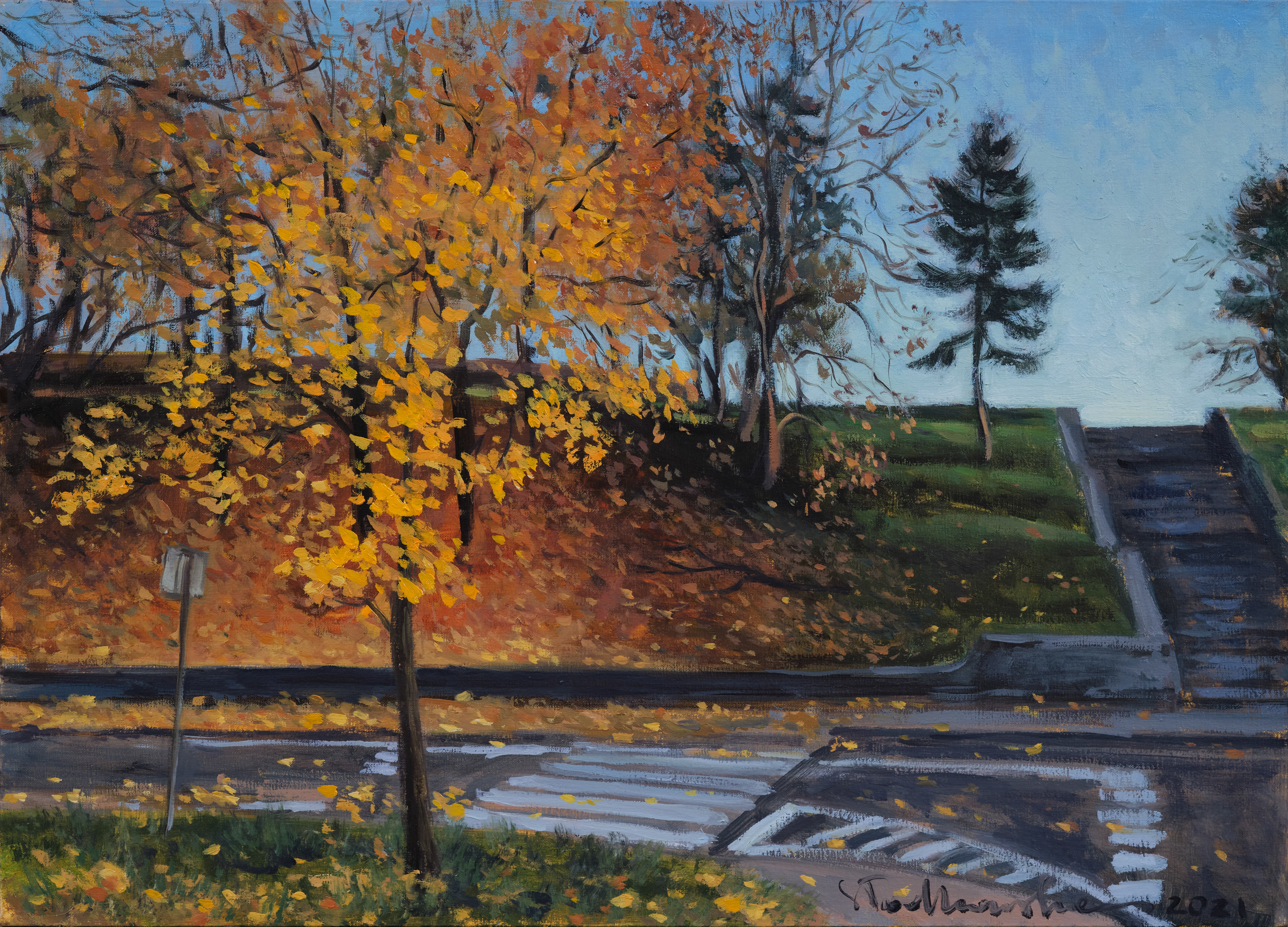 Listopad w parku Moczydło, Warszawa. – obraz olejny na płótnie 46 x 33 cm