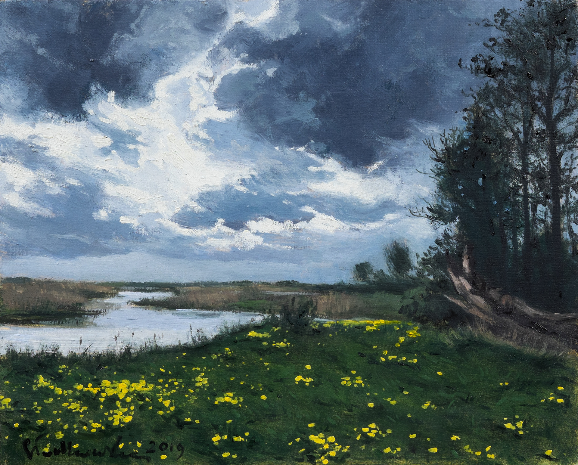 Pochmurny dzień w Tykocinie. Widok na Narew. - obraz olejny na płótnie 41 x 33 cm /PRIVATE COLLECTION/