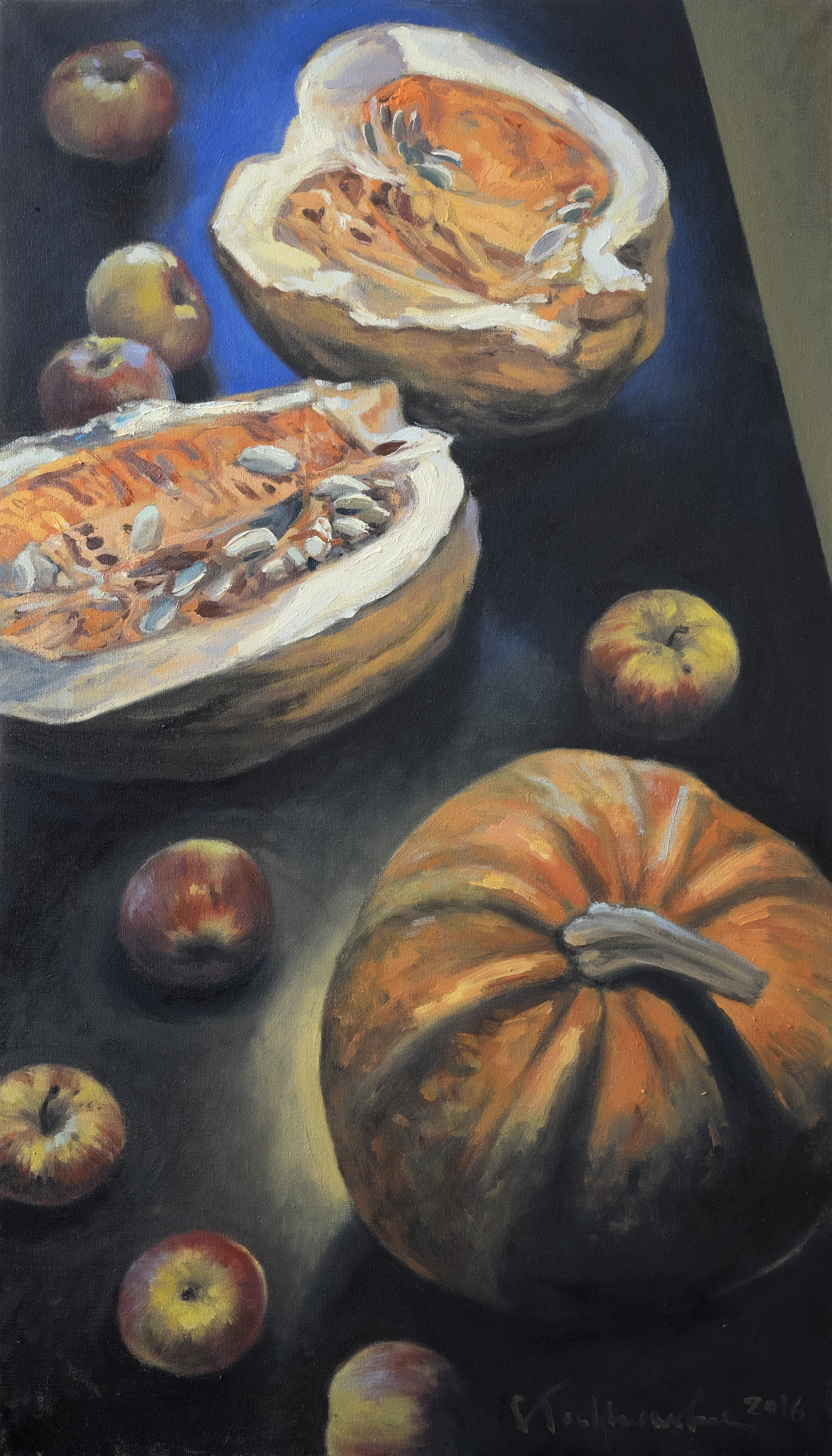 Still life with pumpkins and apples - obraz olejny na płótnie 40 x 70 cm