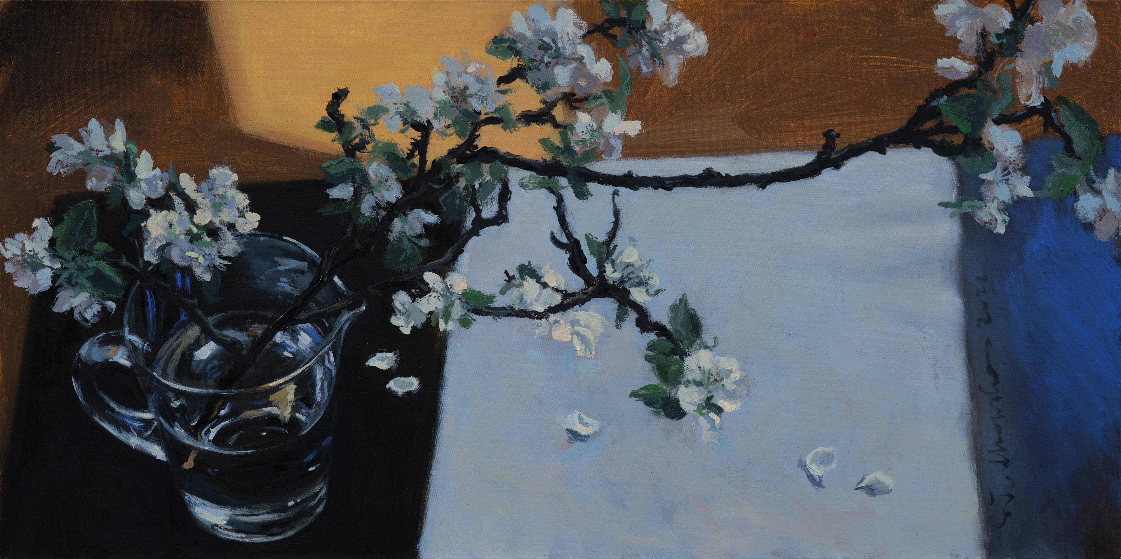 Gałązka kwitnącej jabłoni – obraz olejny na płótnie 60 x 30 cm