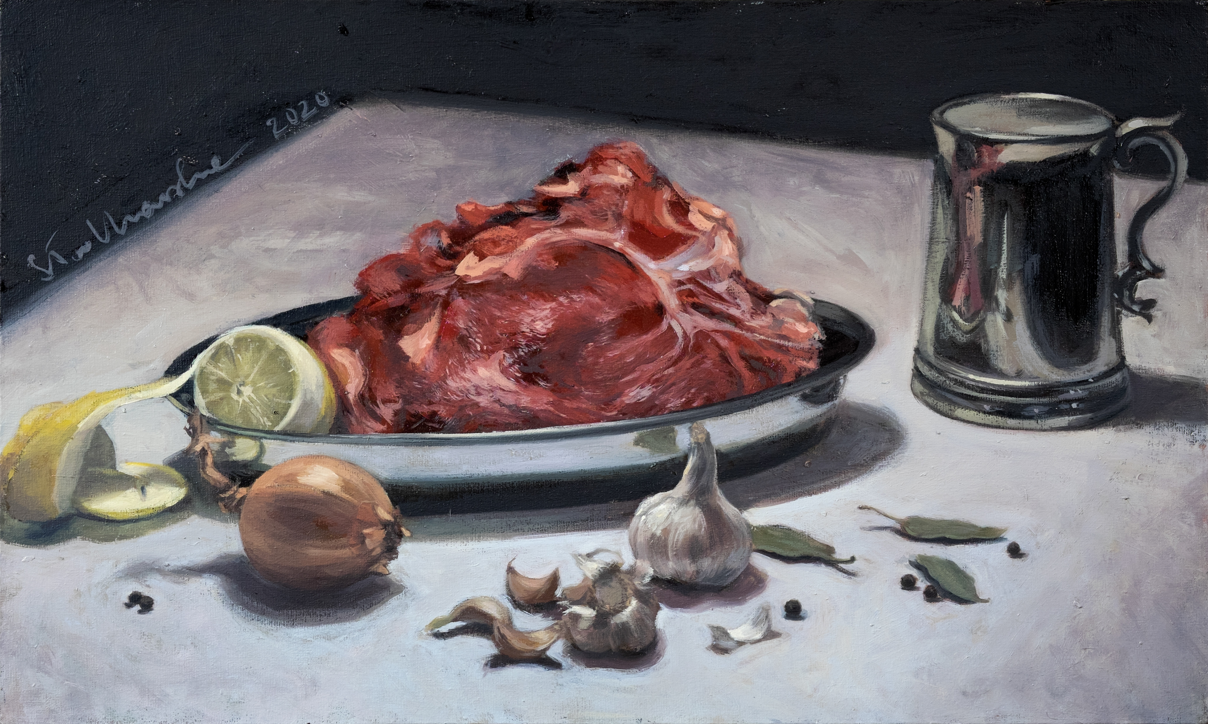 Martwa natura z mięsem 1 – obraz olejny na płótnie 50 x 30 cm   /PRIVATE COLLECTION/