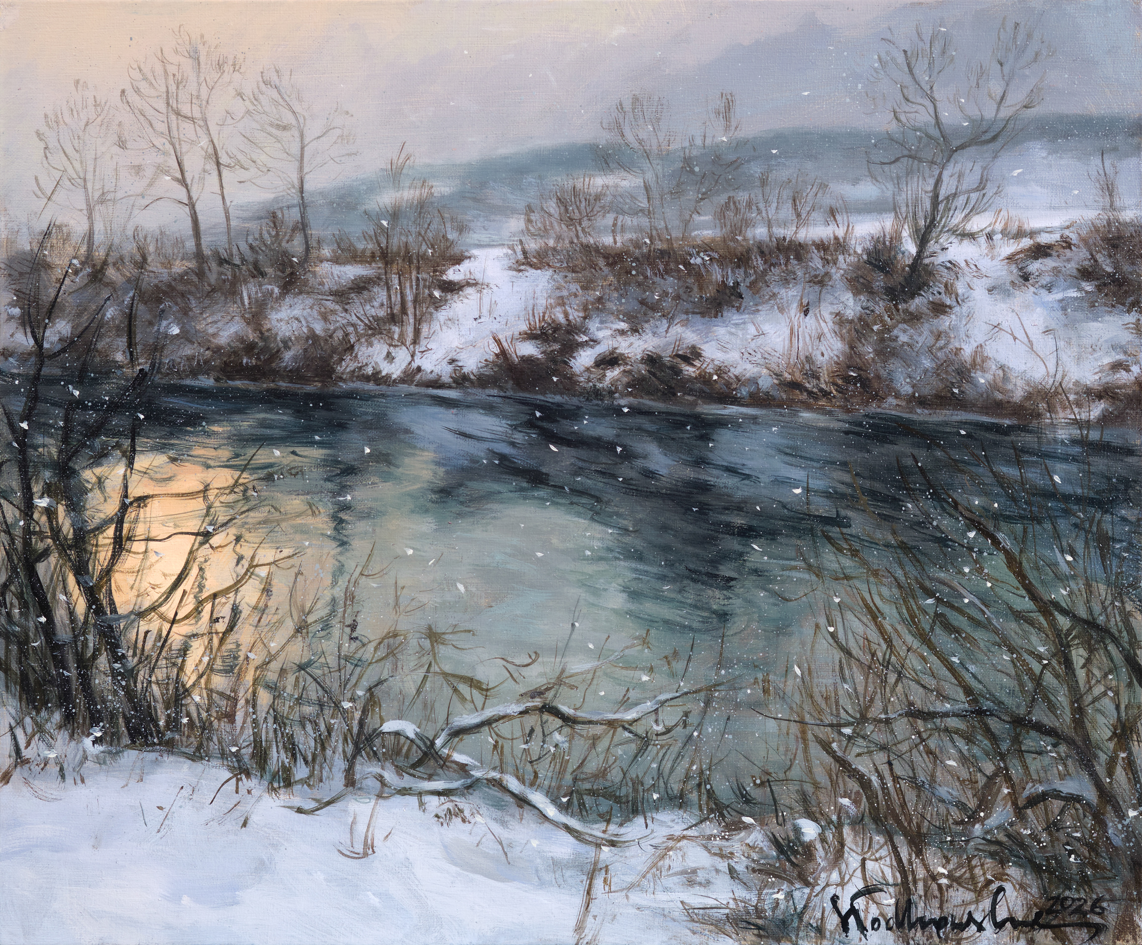 Wspomnienie zimy nad Kamienną. Świętokrzyskie. - obraz olejny na płótnie 46 x 38 cm