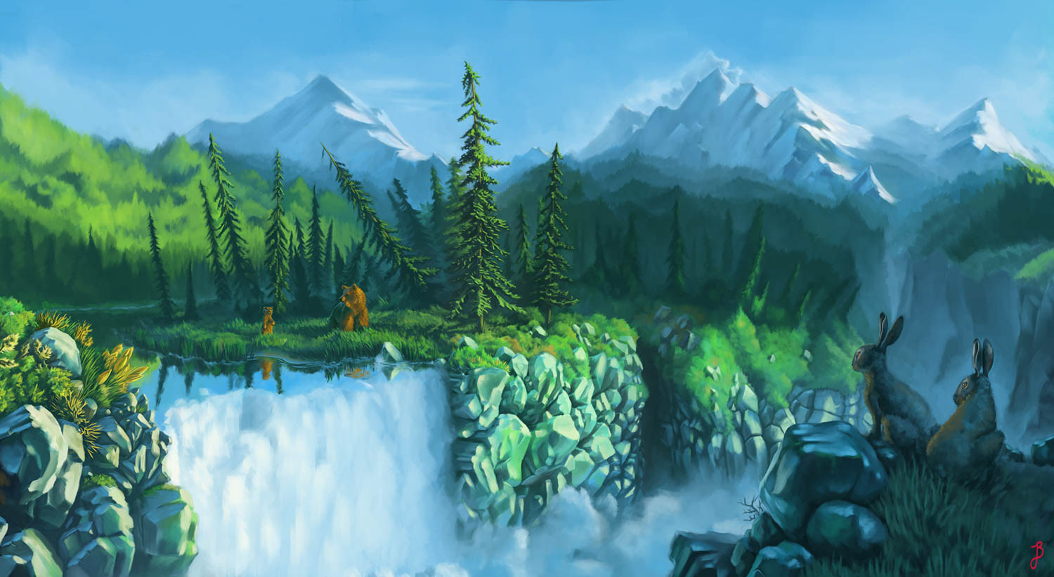 Bären am Wasserfall Landschaftsillustration