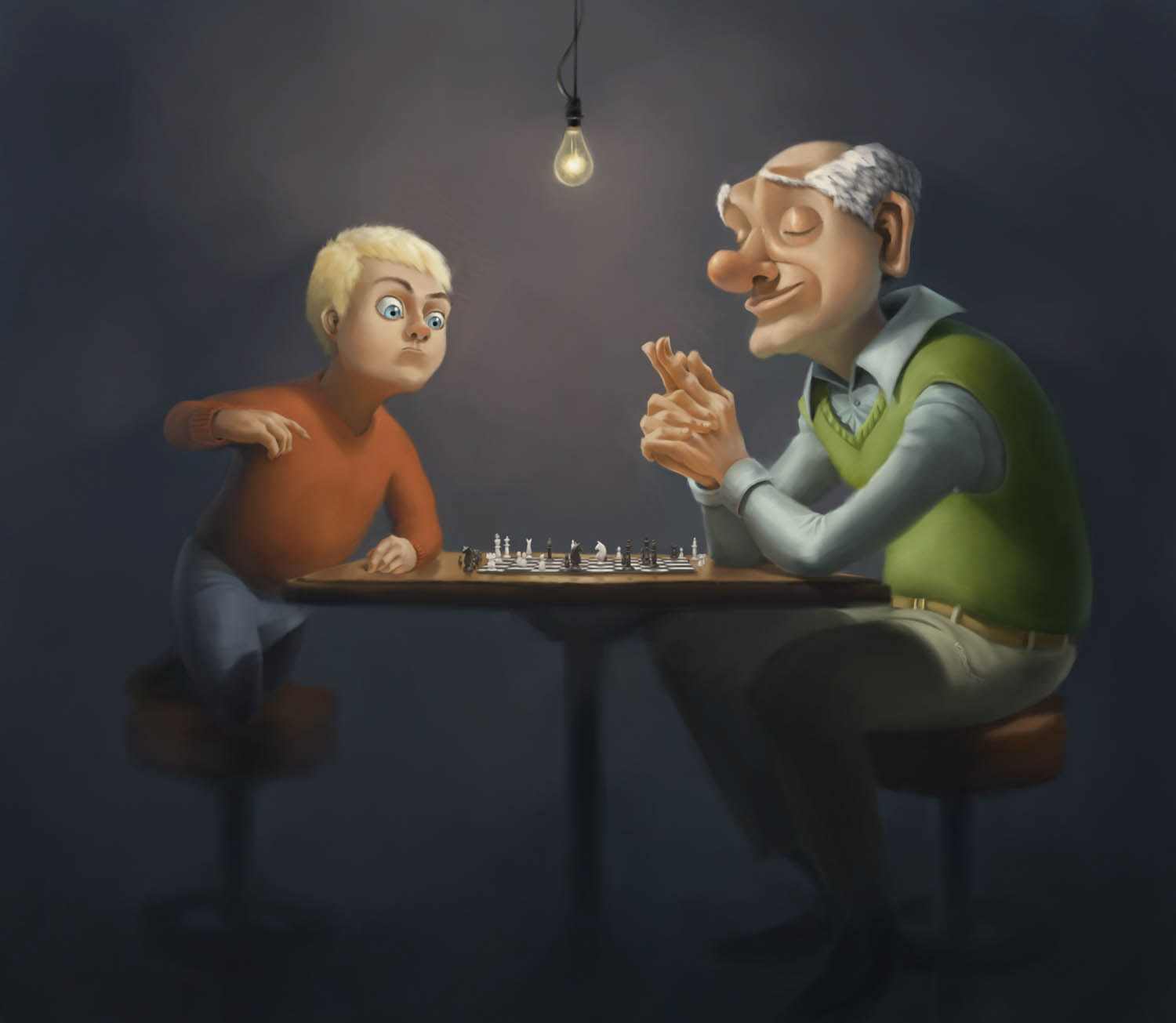 Schachspiel gegen das jüngere Ich Kinderbuchillustration