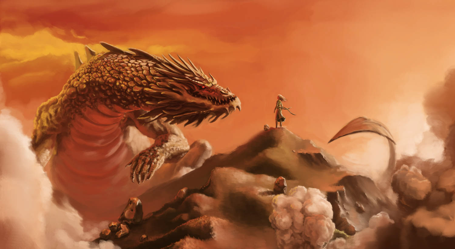 Drache begenet Frau Illustration