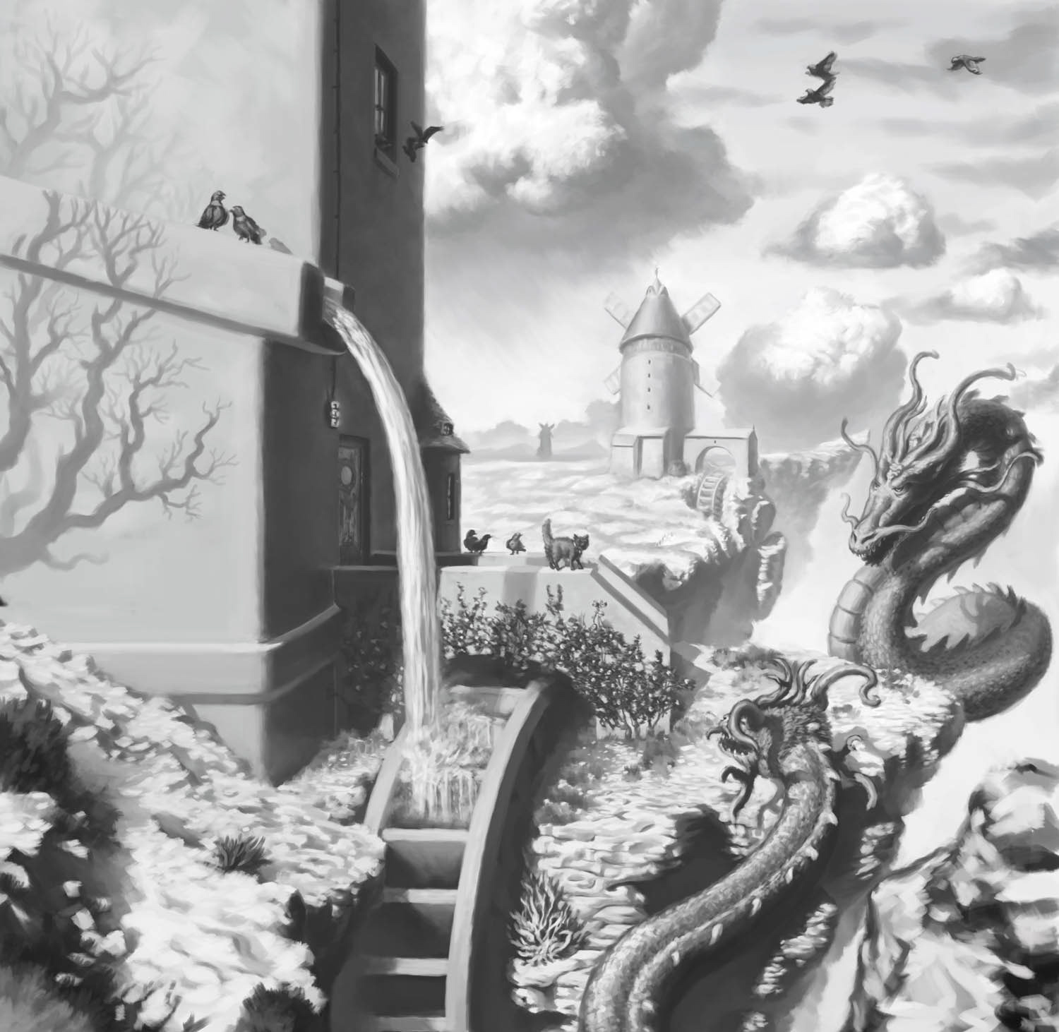 Von einer Welt aus Wind und Wellen Schwarzweißillustration