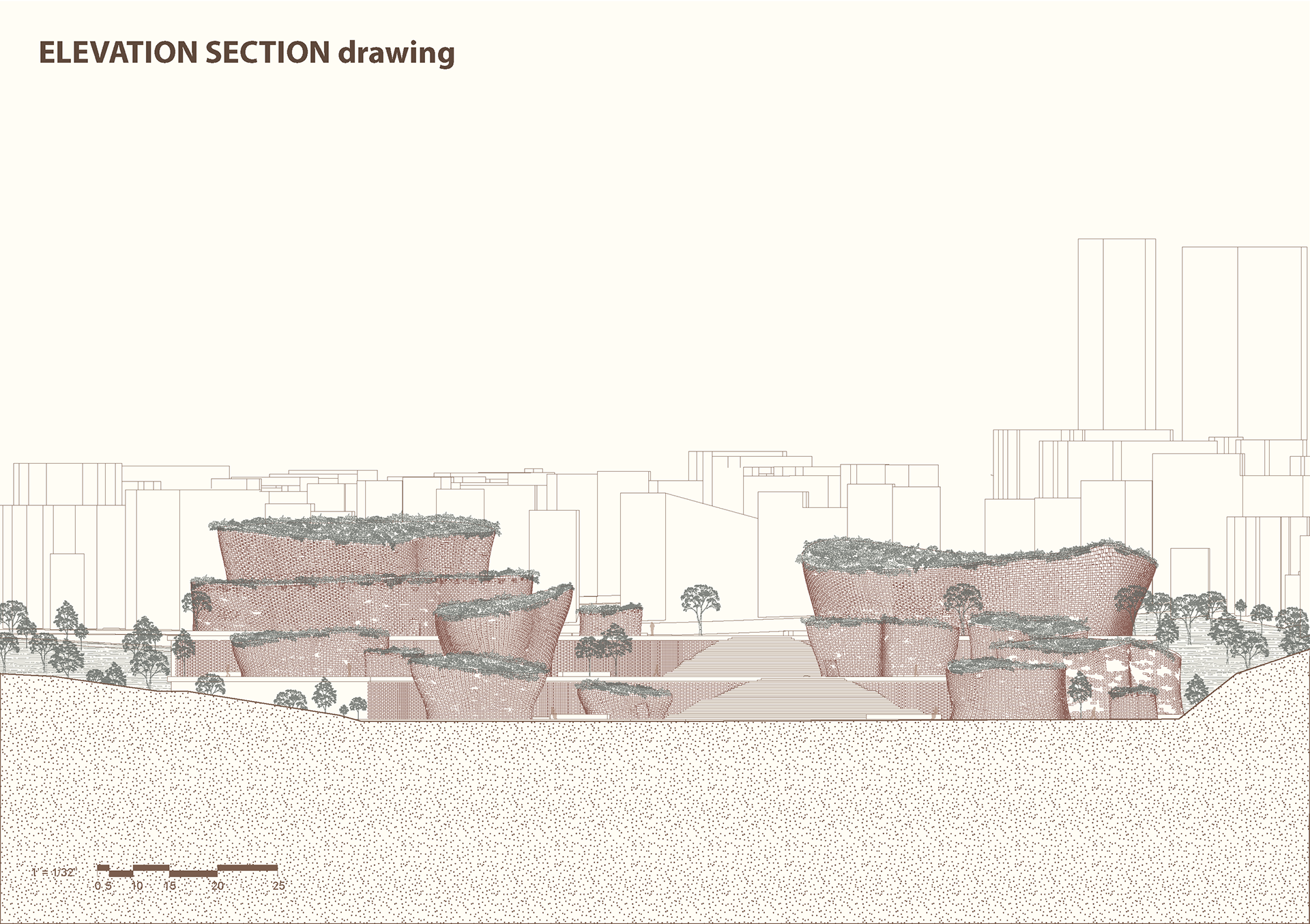 The tiering effect and the undulating shape of the buildings are both very evident in this elevation. Also, you can see how the bricks are being distributed and dispersed to let light into certain areas.
