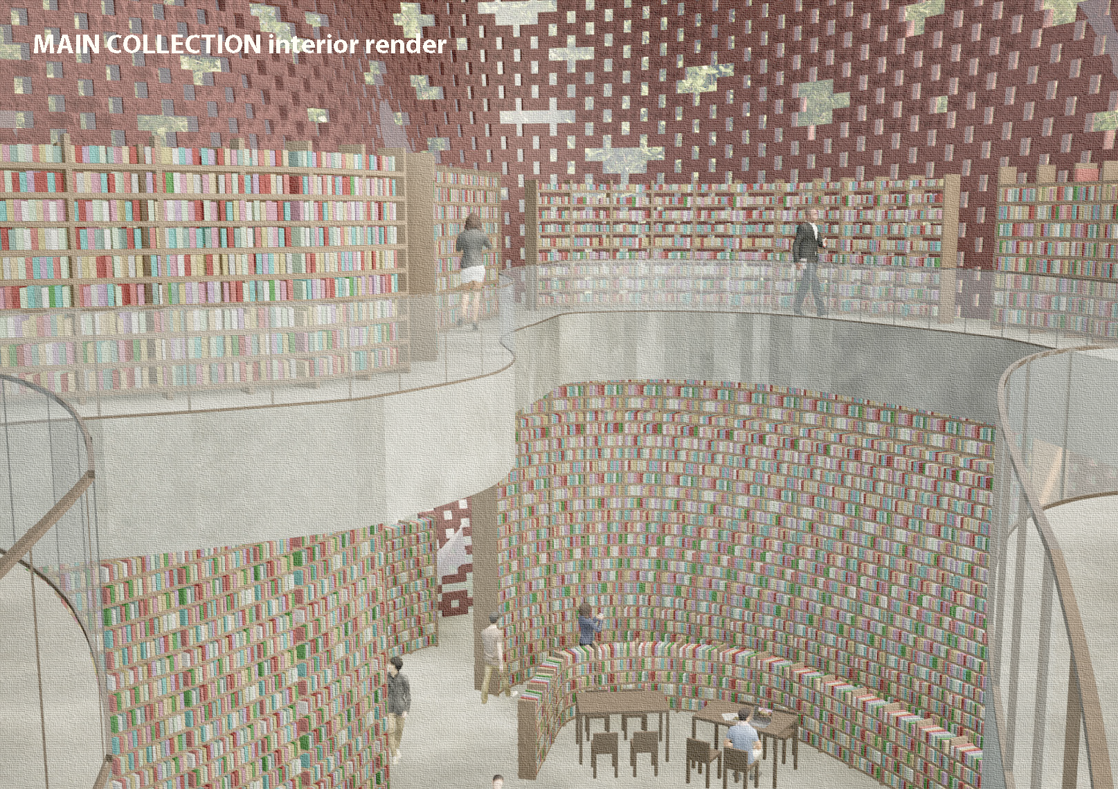 Here is the main collection space. You can see that it maintains the organic language of the project through the curved bookshelves. It is a very light space because of the double story height and the openness of the atrium.