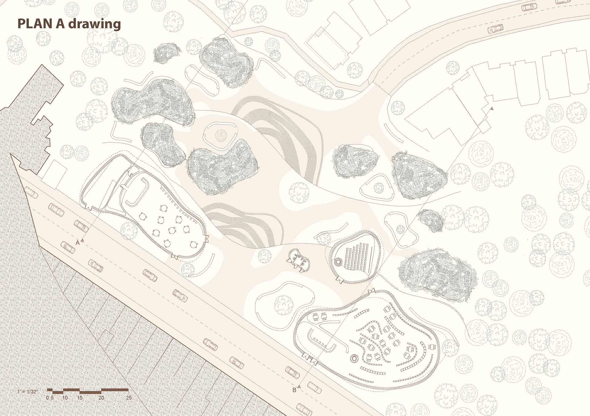 In this plan, you can see closer up how the buildings are organized and how the cafe, main collection space, and auditorium are laid out. These buildings are the most public and they are all on the top tier of the site, closest to the busy Archway road.
