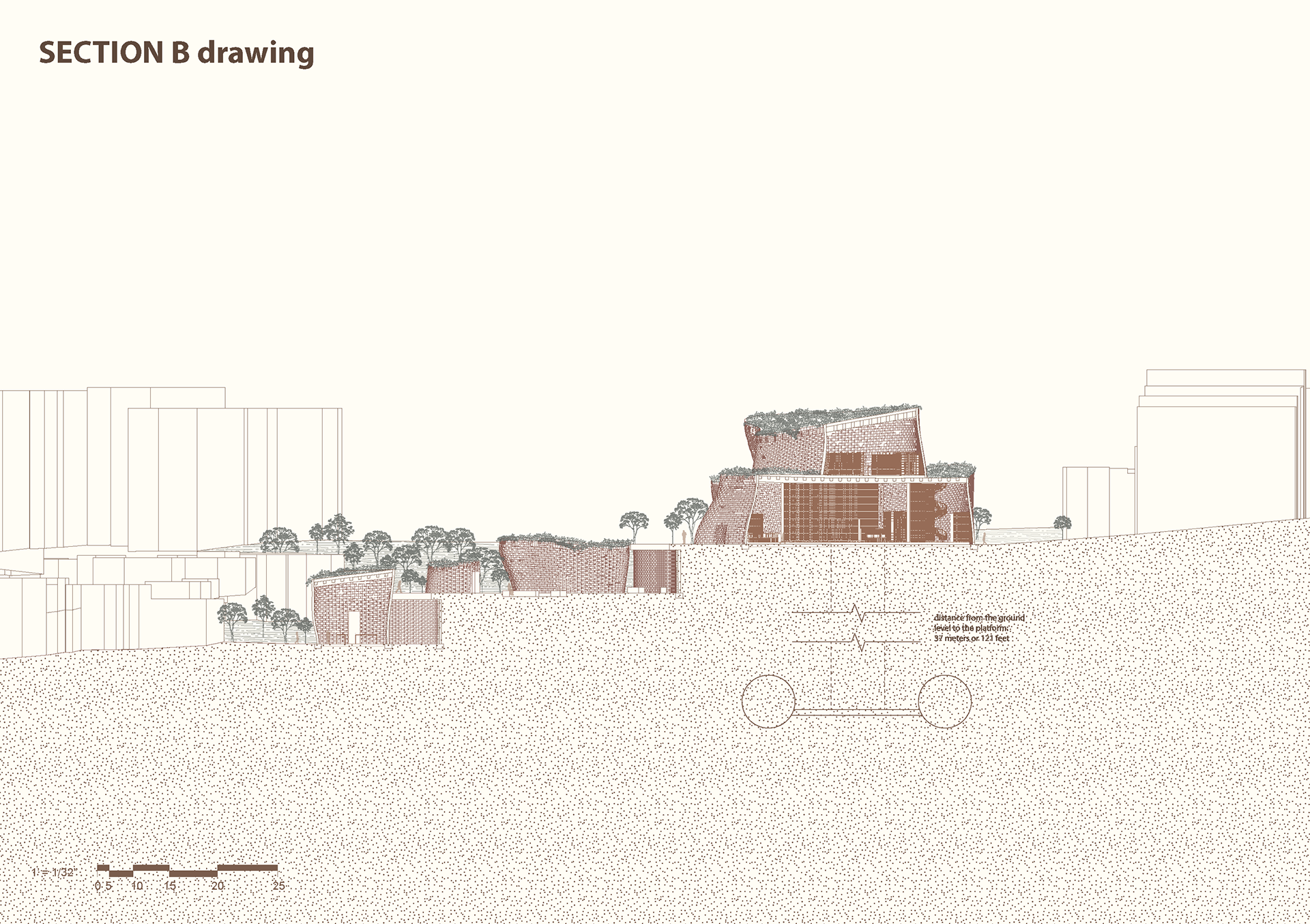 This is another section, where you see similar elements. You also start to see how the main collection space is seen through sections and how one might move around through the space.