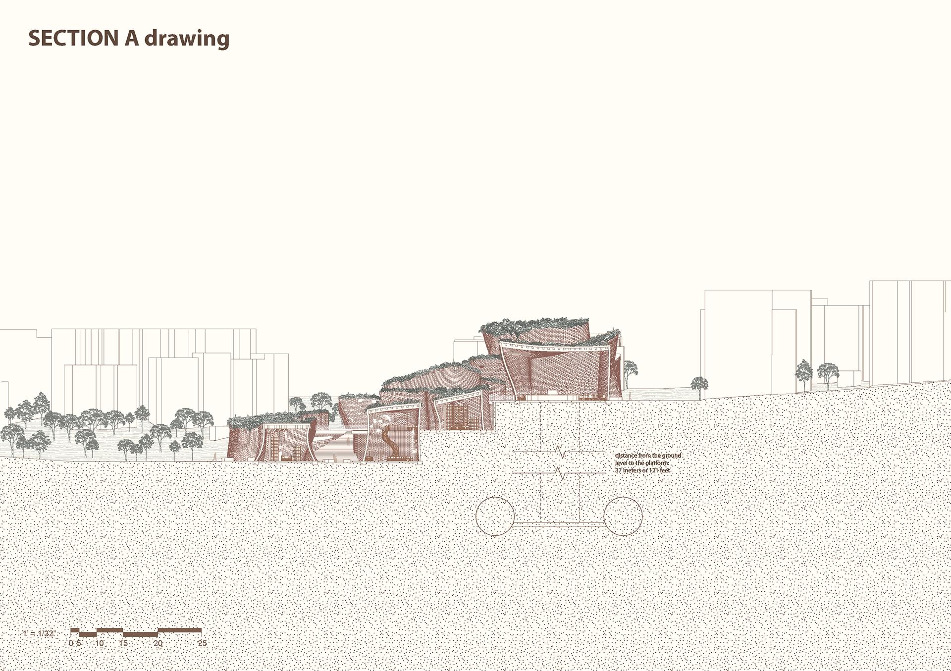 In this section, you see the tiering effect once again and the carving out of the landscape that we chose to do. You also start to get a better sense of scale of the project and site.