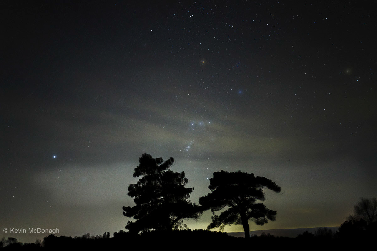 Orion as it gets lower in the western sky before disappearing till autumn. Canon 6D Mk2; 15mm fisheye lens; 15 secs at f2.8; ISO 6400.  12 images stacked in Starry Landscape Stacker to reduce noise in the sky.